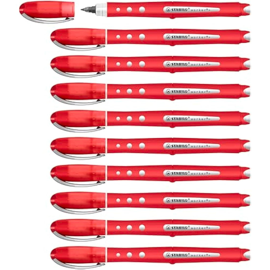 STABILO Worker+ Colorful Rollerball Pen - 0.5mm Fine Point - Red, 10 Pack