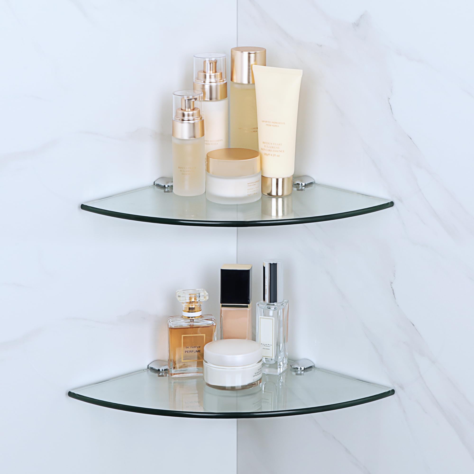 SAYAYO 2-Pack Glass Corner Shelf – 250mm Tempered Glass with Chrome Brackets