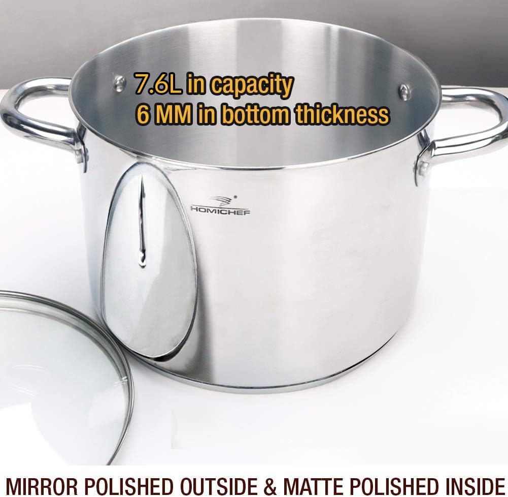 HOMICHEF Nickel Free Stainless Steel Stock Pot with Lid - 7.6L / 8 Quart