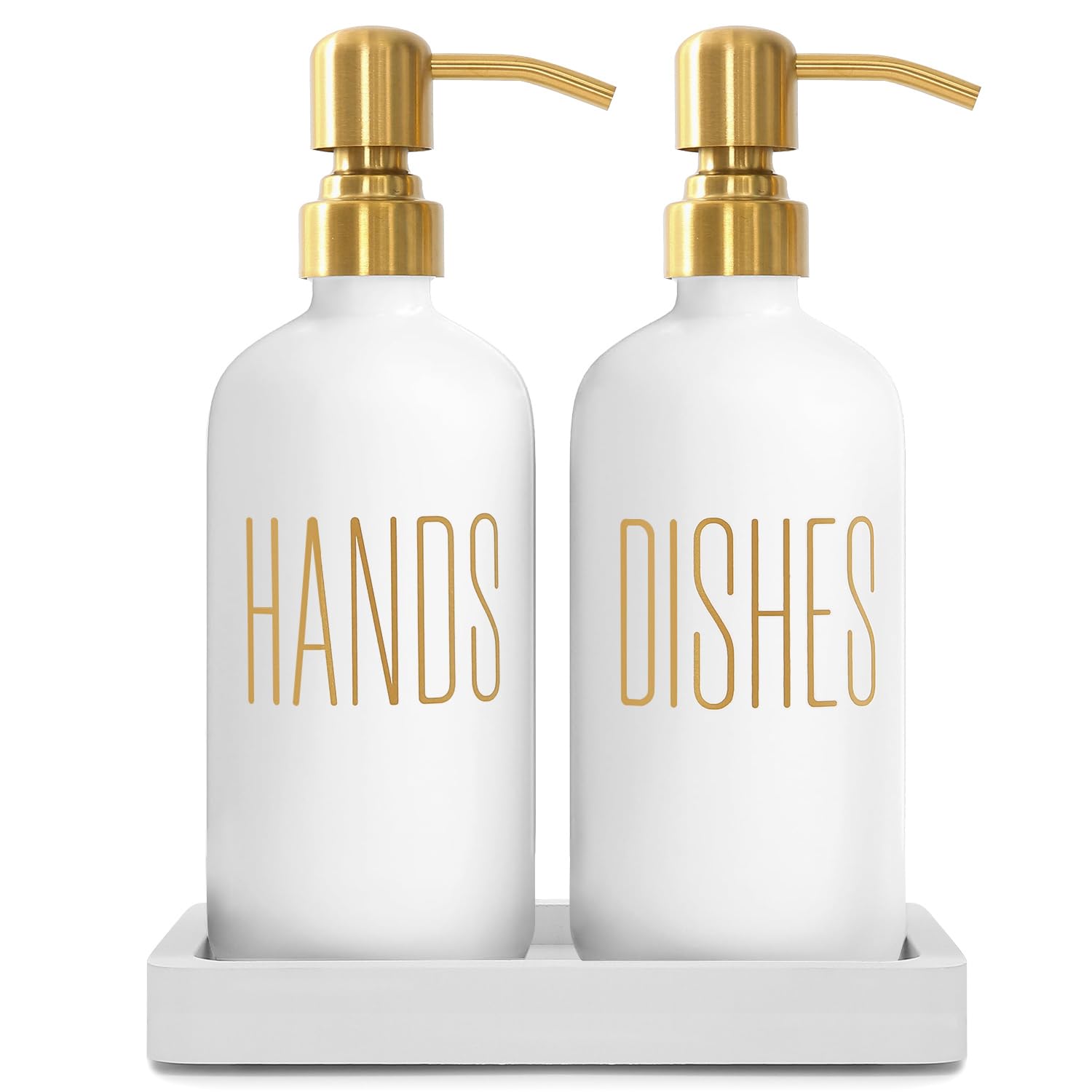 Prus Waso Glass Hand and Dish Soap Dispenser Set with Metal Pump – White