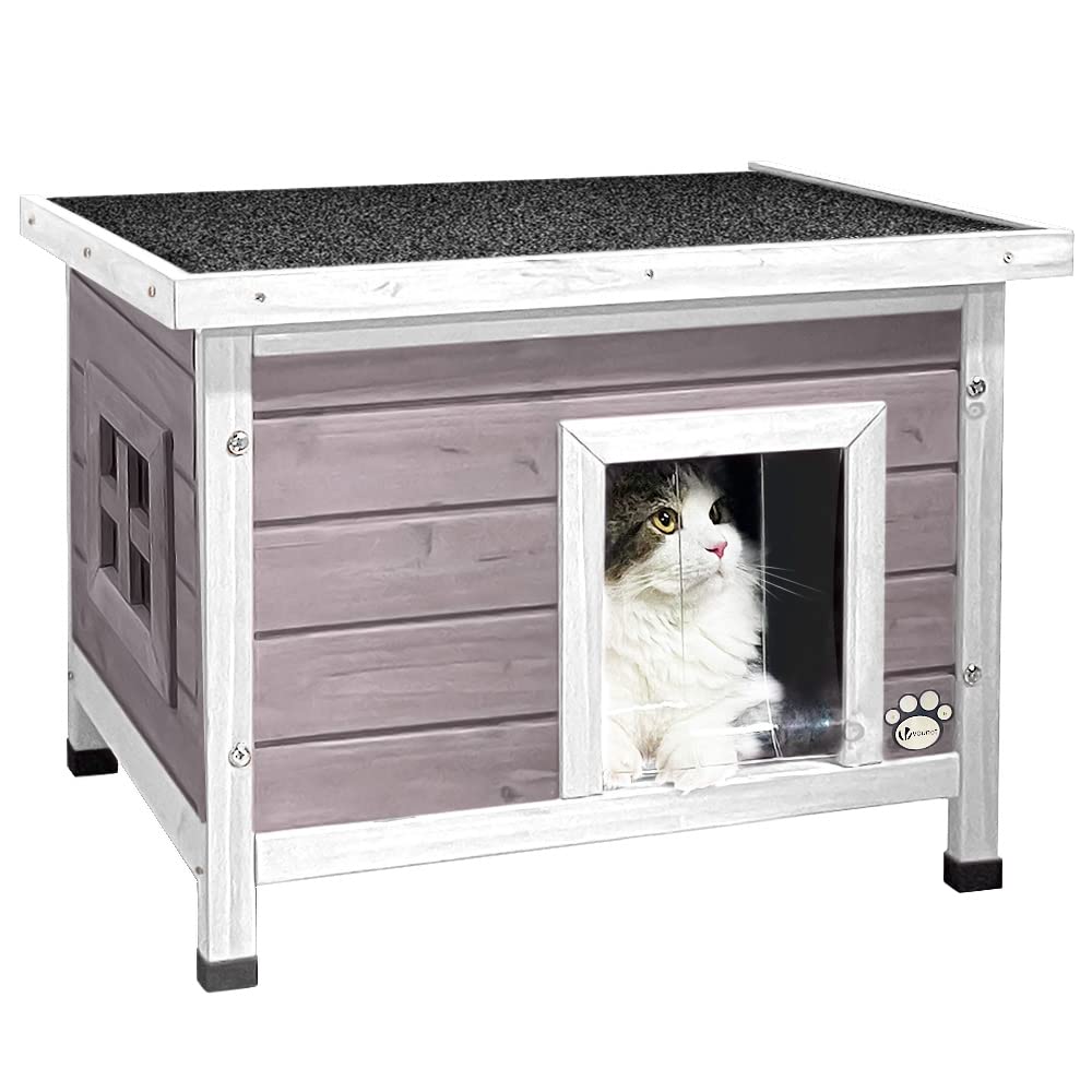 VOUNOT Wooden Outdoor Cat House – Weatherproof Pet Shelter, Grey