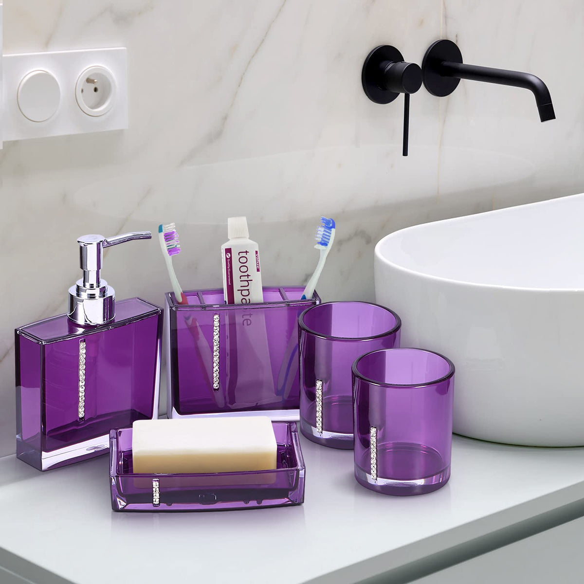 5 Piece Bathroom Accessory Set, Modern Design Acrylic Luxury Bath Vanity Set with Soap Dish, Tooth Brush Holder, Emulsion Bottle - image 2