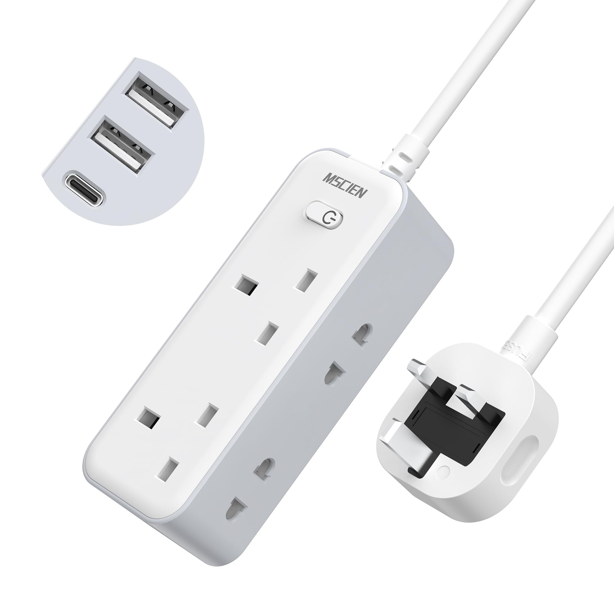 Mscien 2M Extension Lead with 3 USB Slots | 2 Way Shaver Plug Adaptor