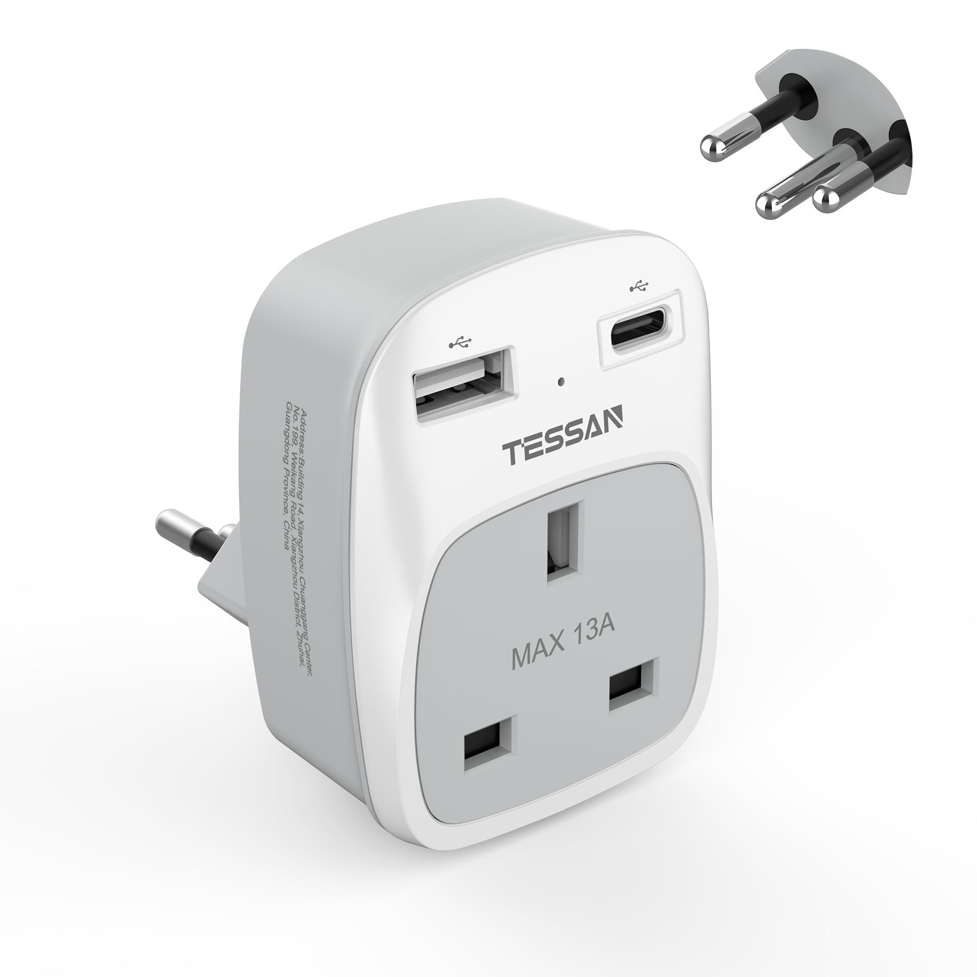 TESSAN UK to Swiss Plug Adapter | Type J Travel Adaptor with 2 USB