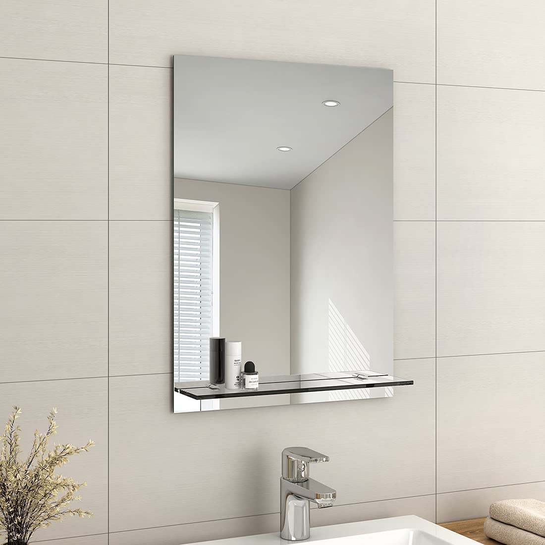 EMKE Frameless Bathroom Mirror with Shelf - 50x70cm Wall Vanity Mirror