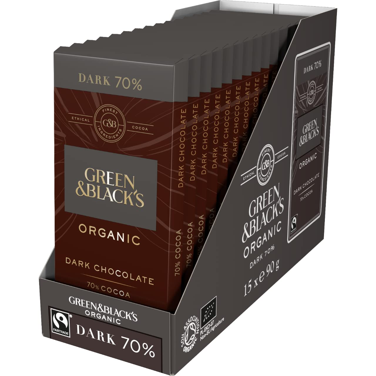 Green & Black's Organic 70% Dark Chocolate Bar, 90g - Pack of 15