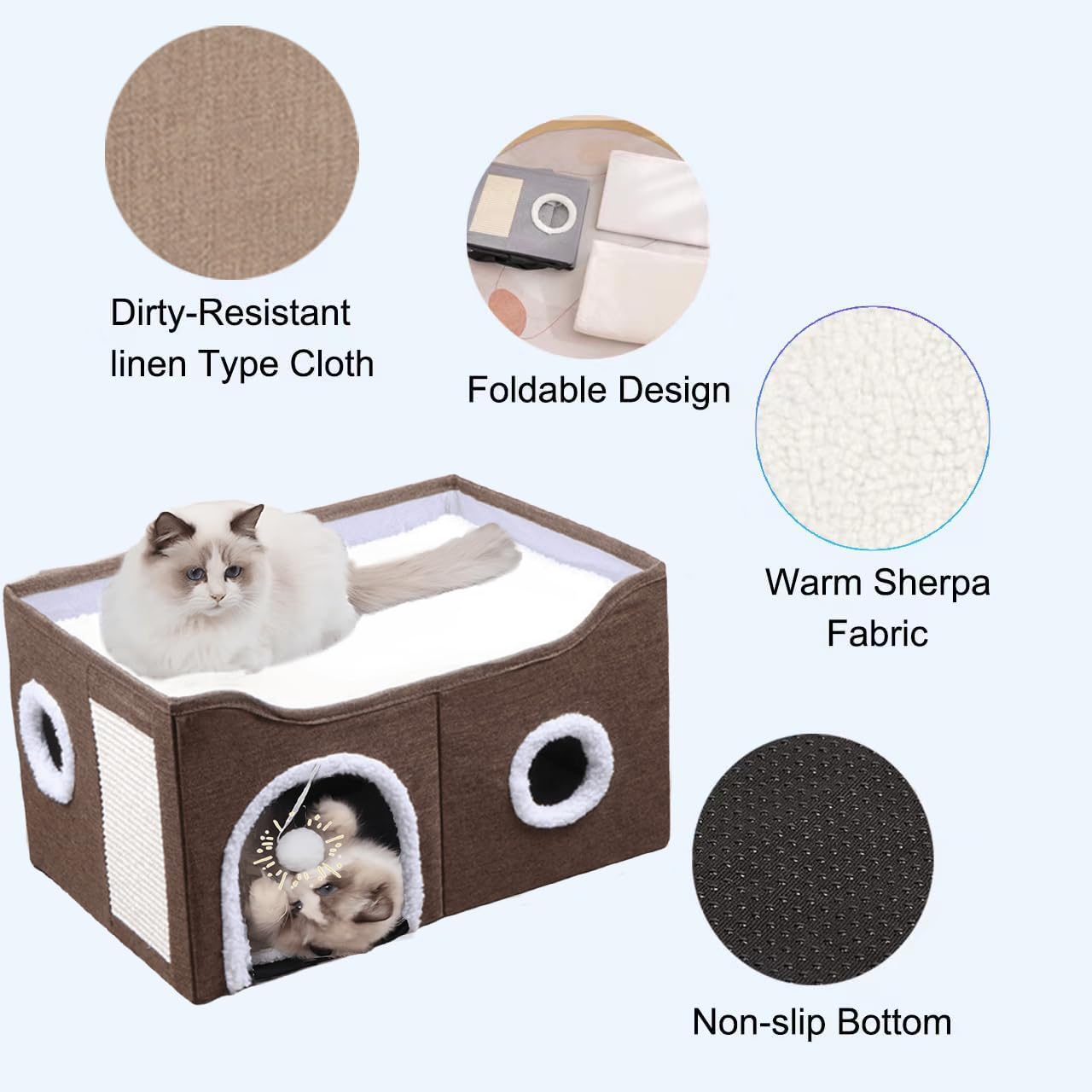 ERNAN Foldable Cat House – 2-Tier Indoor Cave Bed with Scratching Board