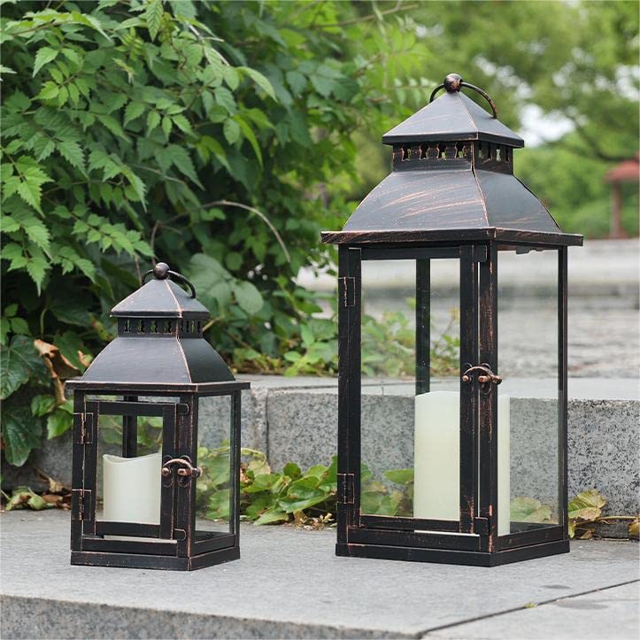 NEEDOMO Bronze Metal Lanterns - Set of 2 Decorative Outdoor Candle Holders