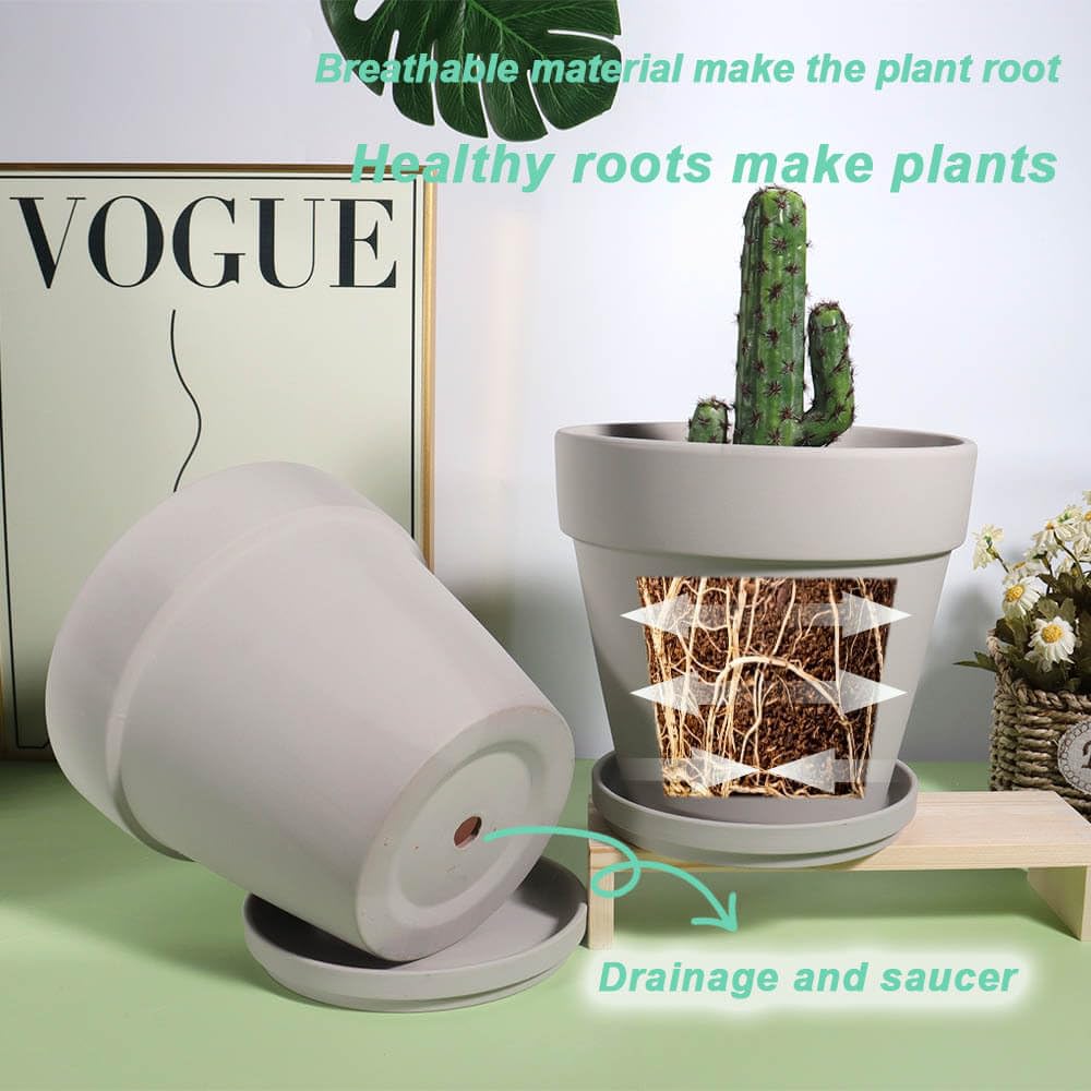 Vensovo Gray Terracotta Pots with Saucers - 4 Pack 15CM Clay Planters