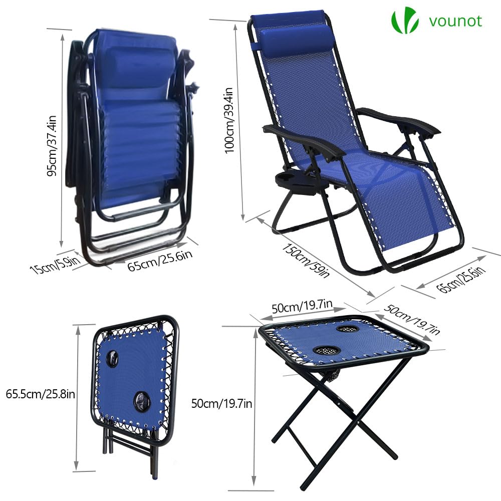 VOUNOT Zero Gravity Chair Set of 2 | Folding Outdoor Recliner with Table, Blue