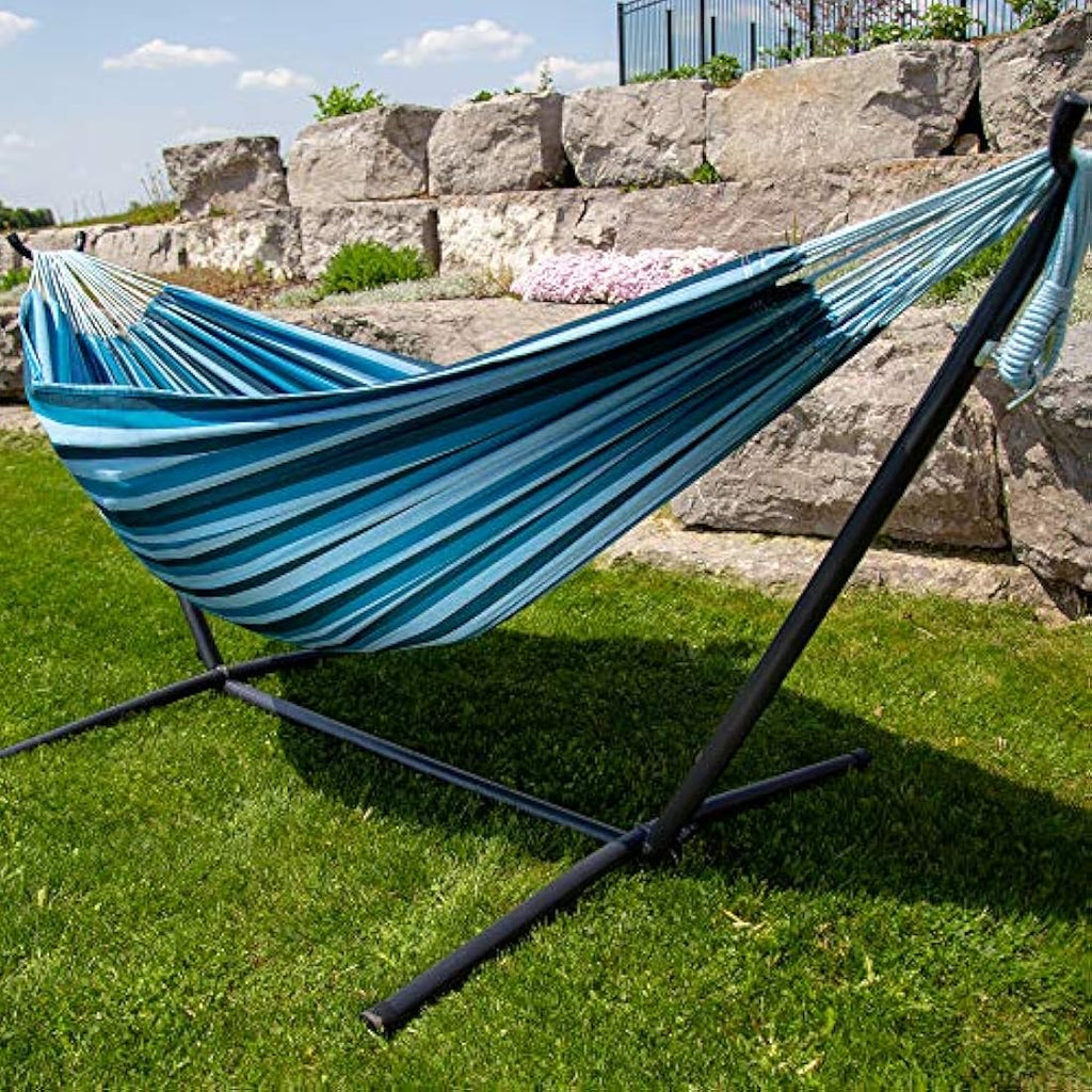 Vivere Double Cotton Hammock with Steel Stand - Blue Lagoon