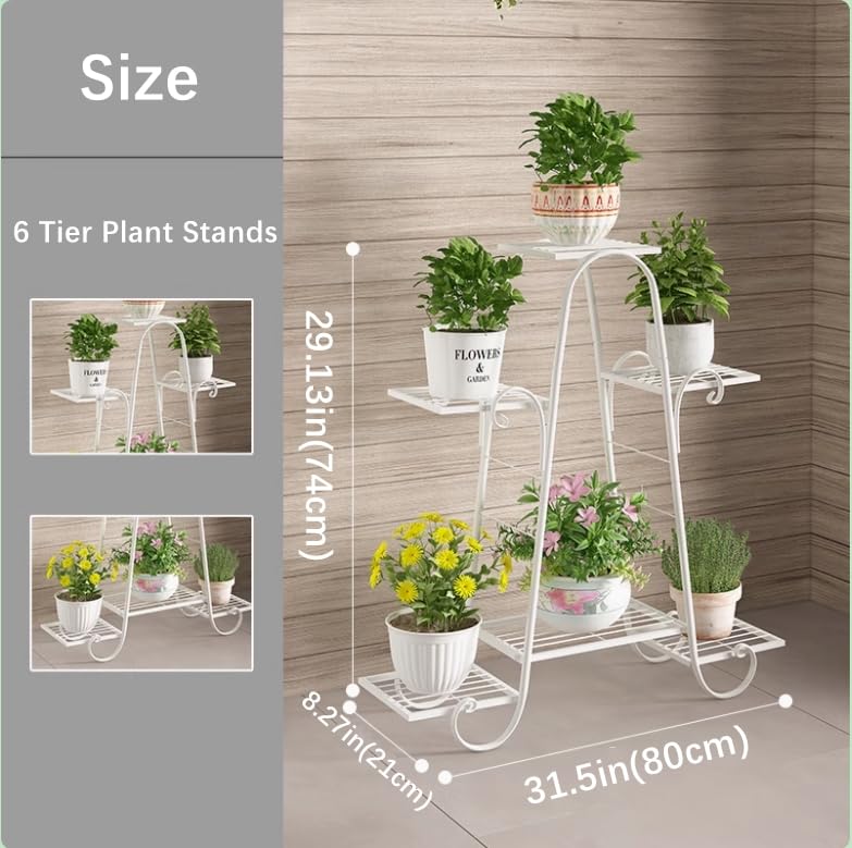 CarolynDesign 6 Tier Metal Plant Stand | White Indoor Outdoor Flower Shelf