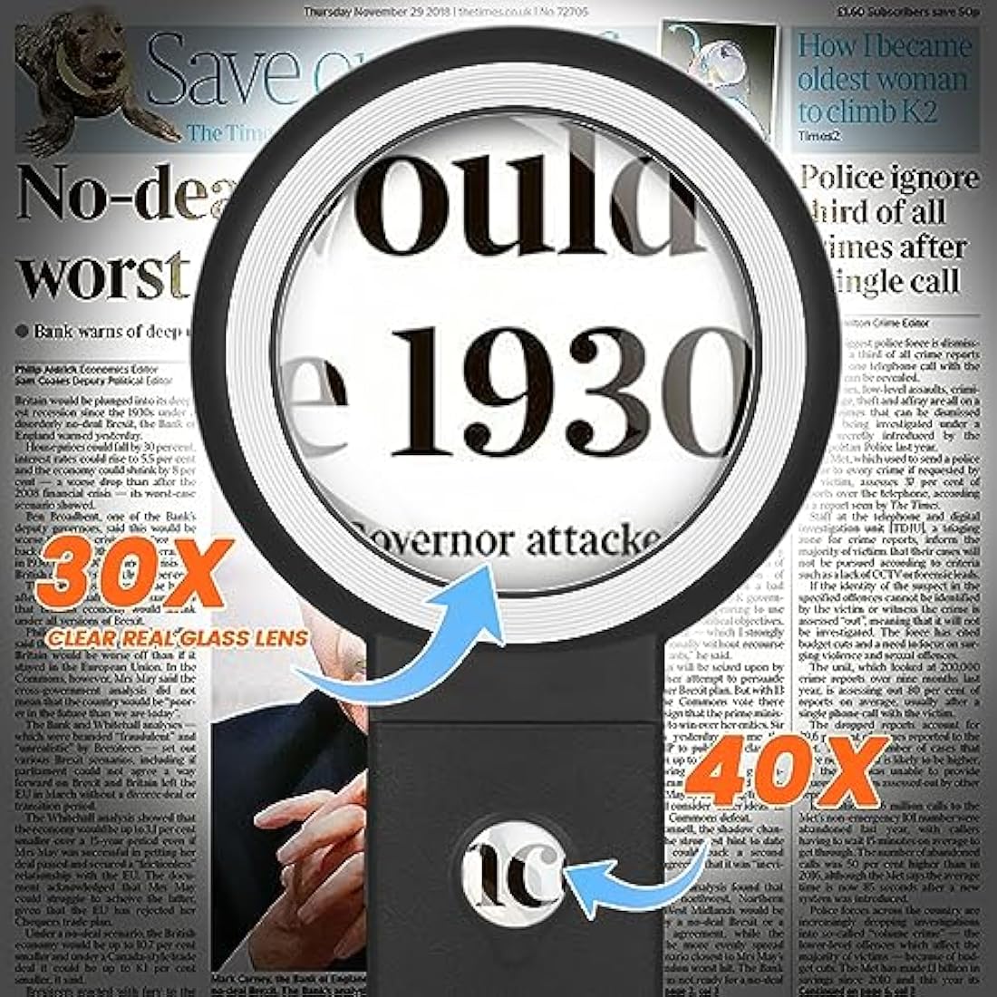 30x 40x LED Magnifying Glass with Light and Folding Stand
