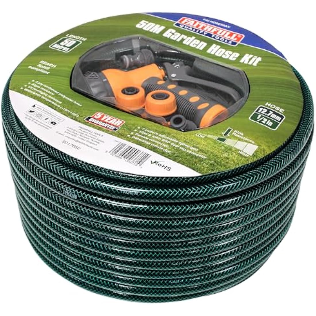 Faithfull 50M Reinforced PVC Garden Hose Kit with 7-Pattern Spray Gun