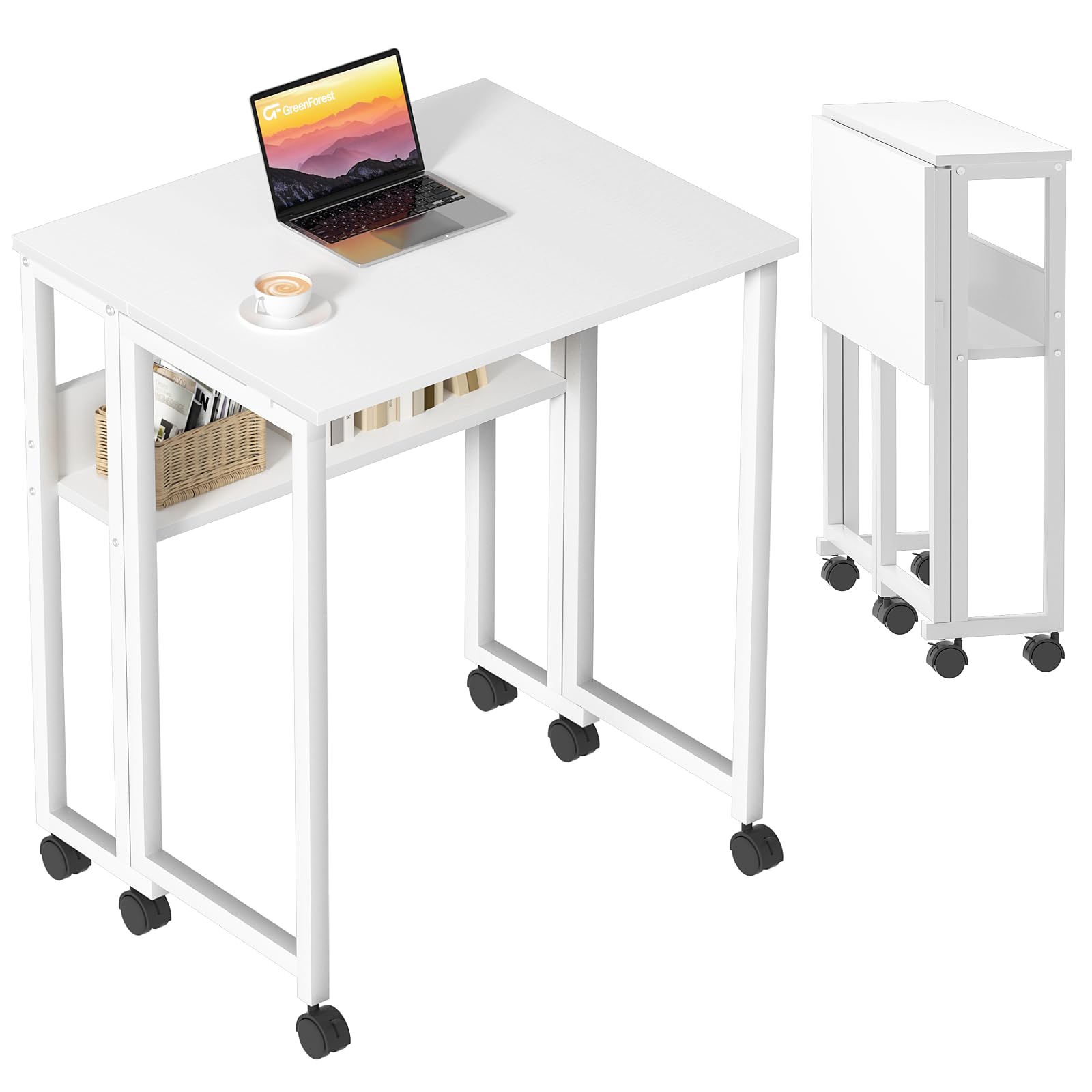 GreenForest Small Folding Computer Desk with Storage Shelf and Wheels