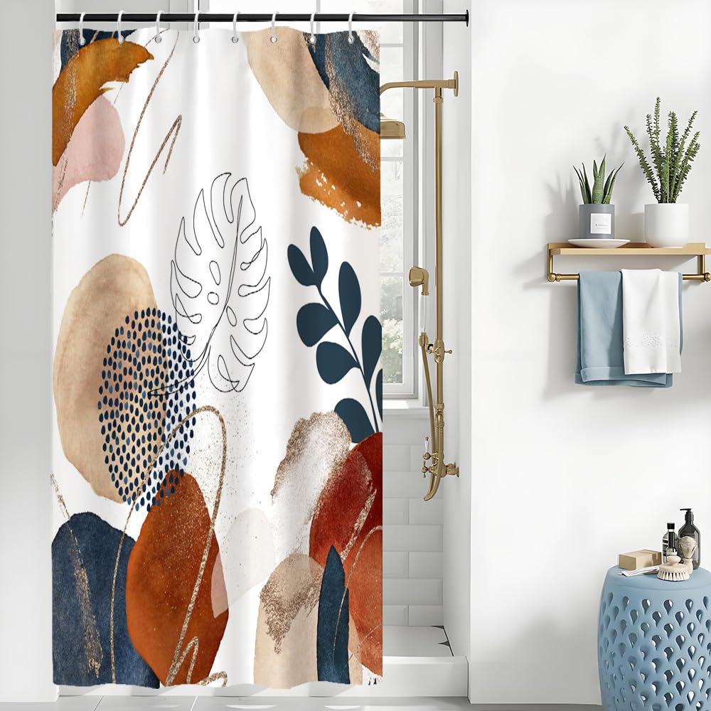 Abstract Boho Shower Curtain | Blue Leaves Waterproof Fabric