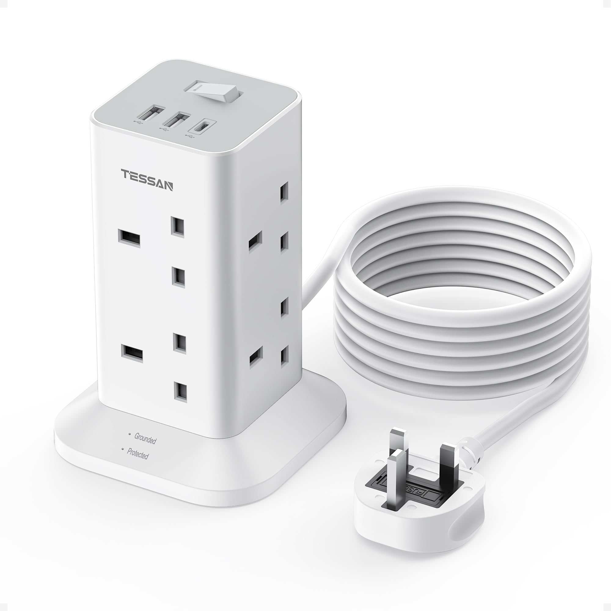 TESSAN 8-Way Tower Extension Lead with 3 USB Slots – 3M Surge Protected