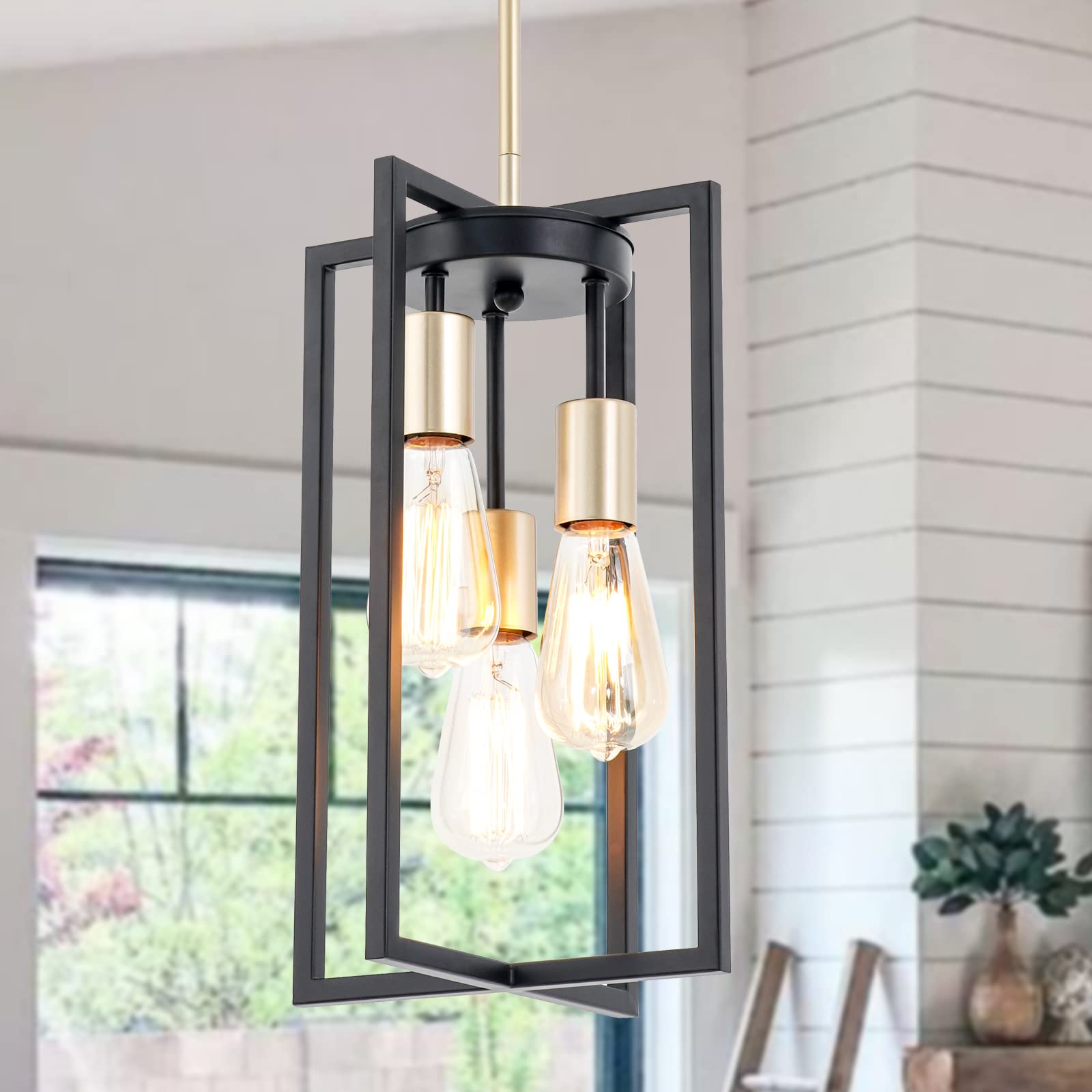 3-Light Geometric Pendant Light – Black & Gold Metal Chandelier