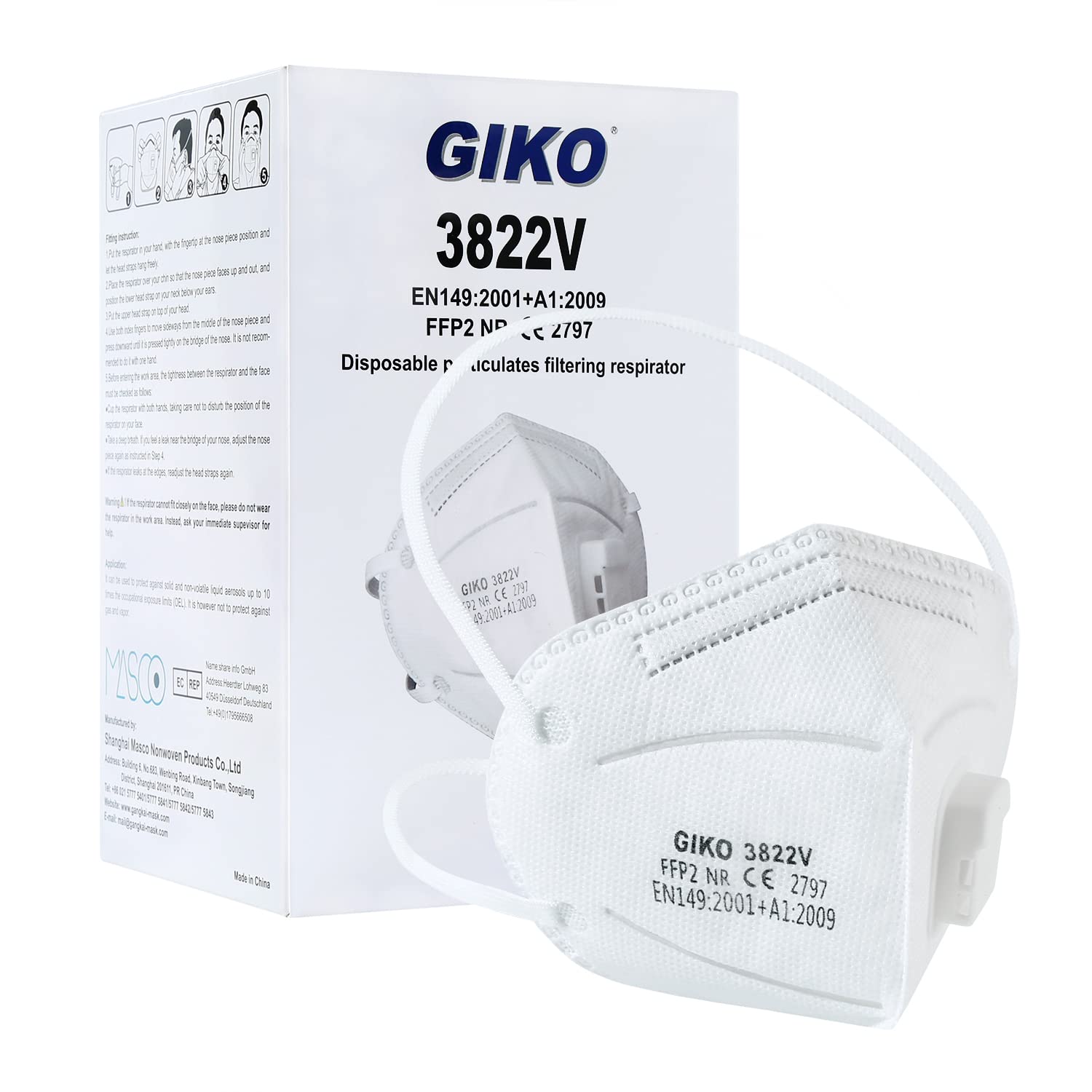GIKO FFP2 Respirator Masks with Breathing Valve - 5-Layer, White, 20-Pack