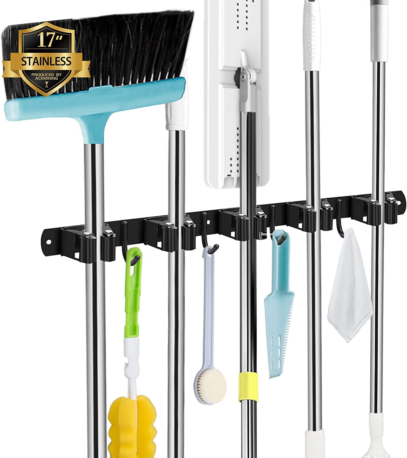 AceMining Stainless Steel Broom Holder Wall Mount - 5 Slots & 4 Hooks