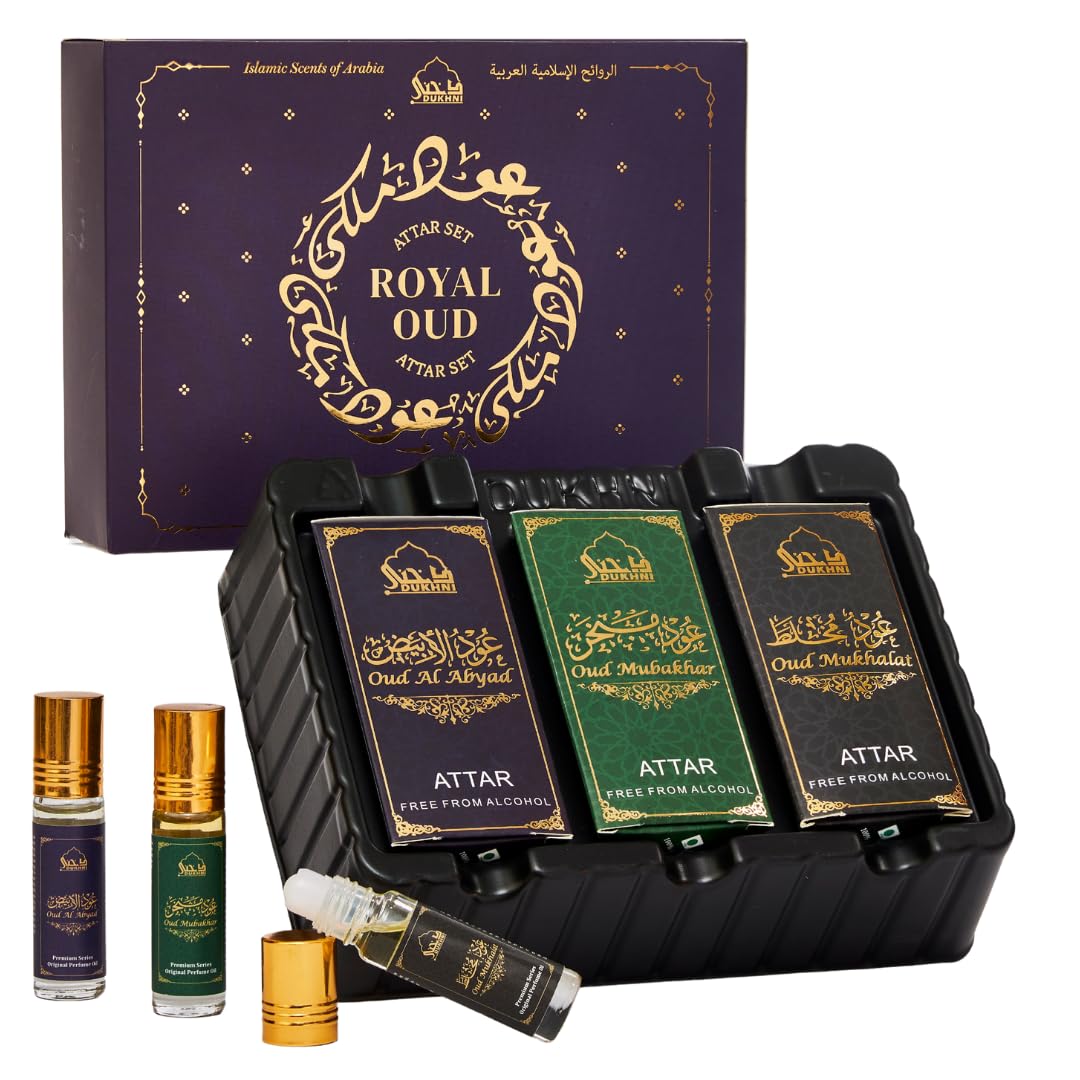 Dukhni Royal Oud Attar Oil Set – 3 Piece Alcohol-Free Arabic Perfume Roll-On