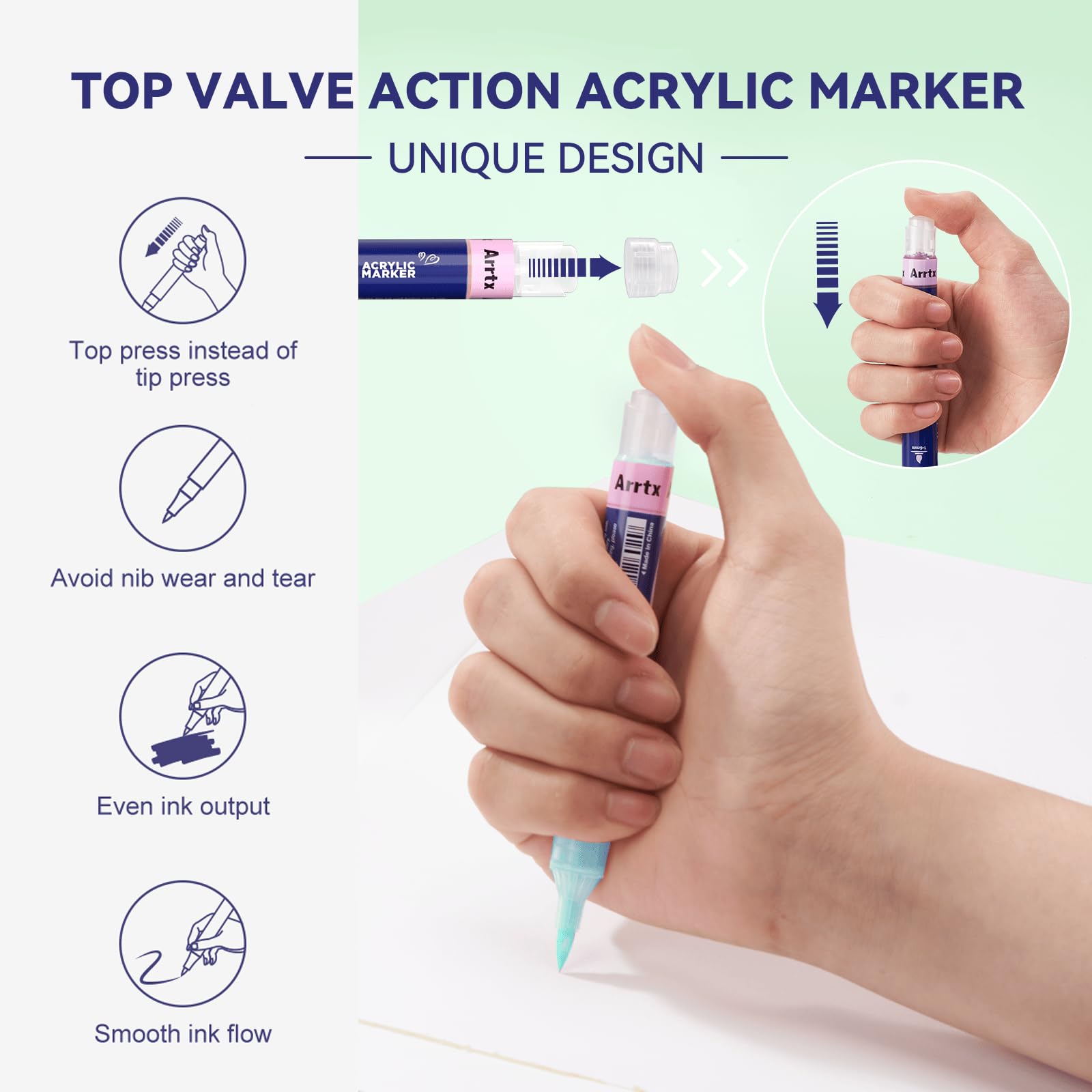 Arrtx 48 Colors Acrylic Paint Pens | Top Valve Action Brush Tip Markers