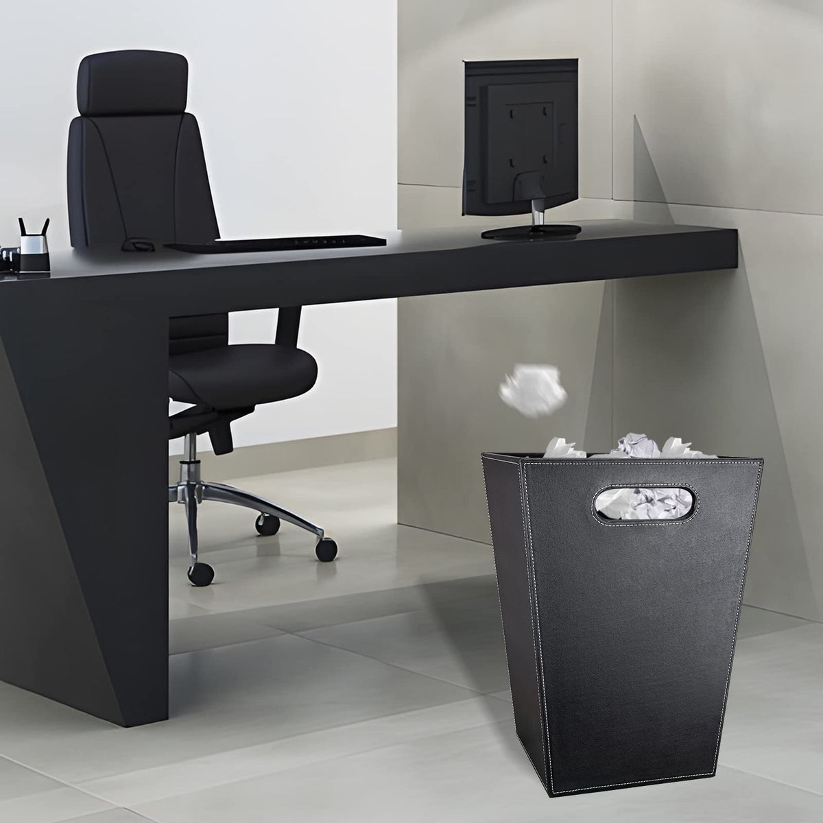 GORESE Office Square Waste Paper Bin Leather Modern Design Waste Paper Bin for Kitchen, Bathroom, Office Black