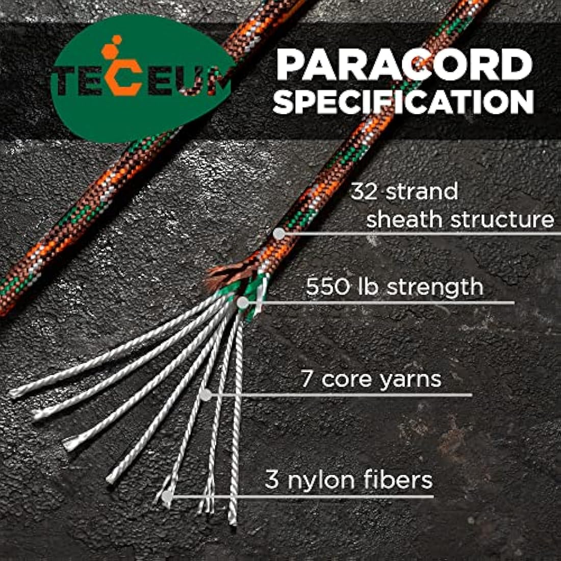 TECEUM 550lb Paracord – 4mm Nylon Tactical Rope for Camping & Survival