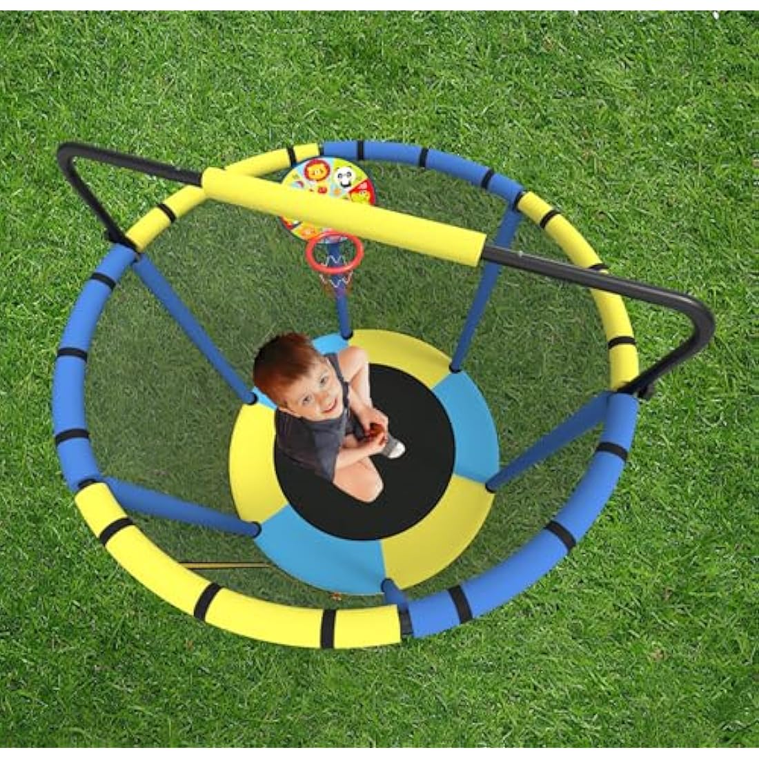 Jolof Store Kids Trampoline with Basketball Hoop, Swing & Pull Rings