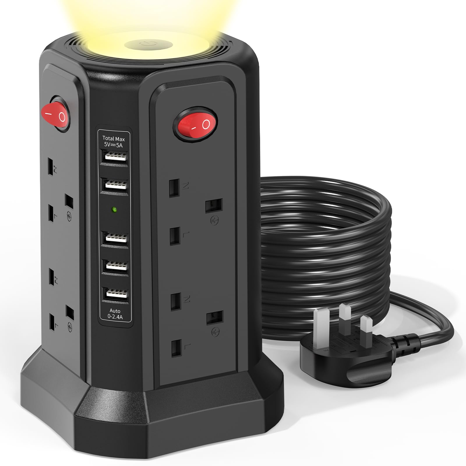 8-Way Tower Extension Lead with 5 USB Ports & Night Light