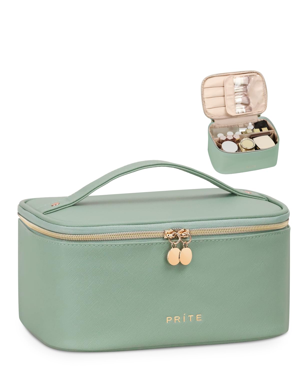 Prite Large Leather Makeup Bag – Waterproof Travel Cosmetic Case (Green)