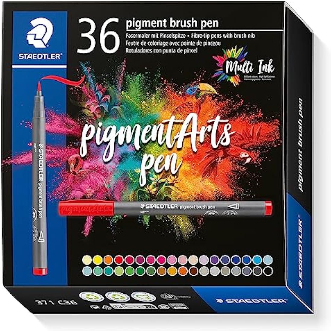 STAEDTLER Pigment Arts Brush Pen – Assorted Basic Colours (Pack of 36)