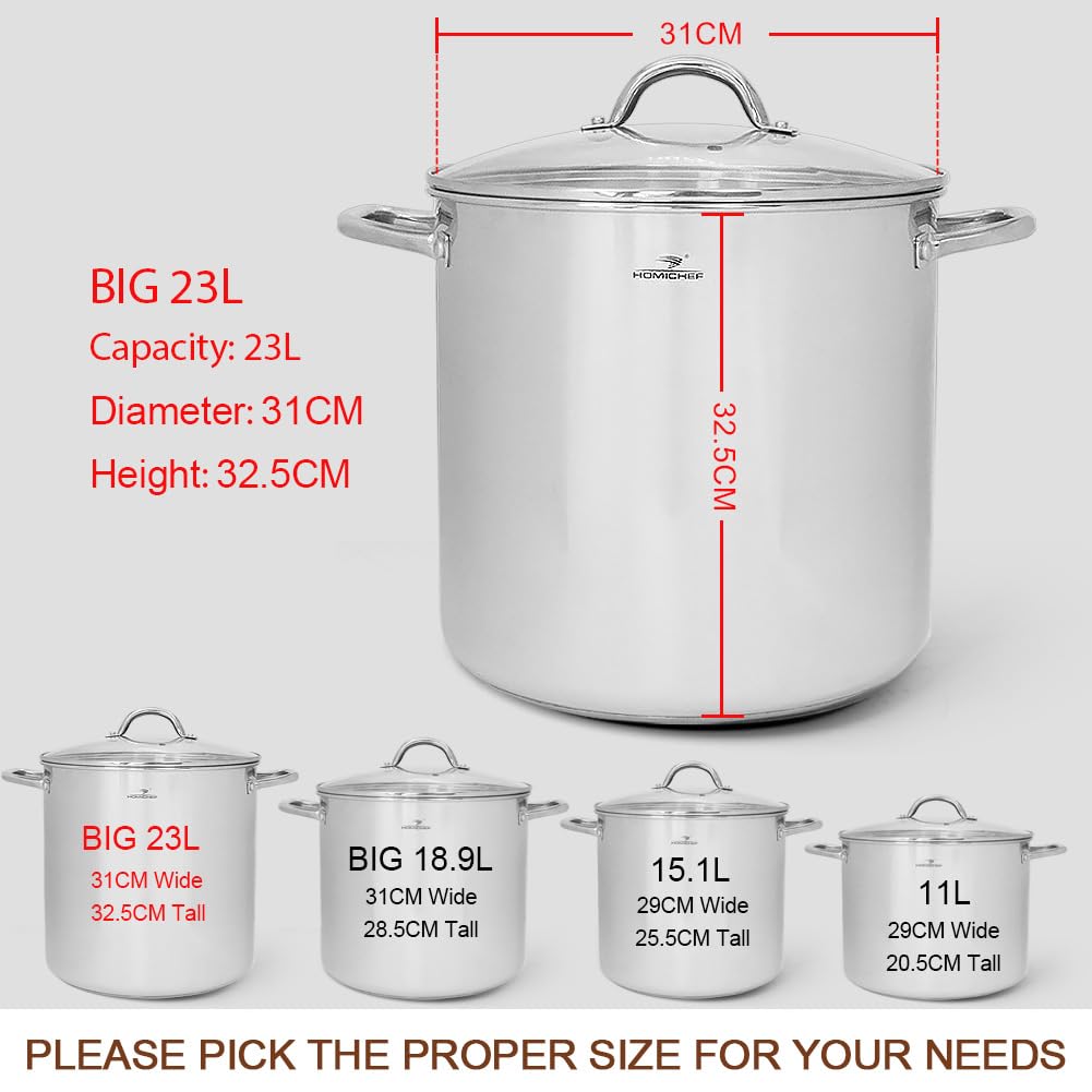 HOMICHEF 22.5L Nickel Free Stainless Steel Stock Pot with Glass Lid
