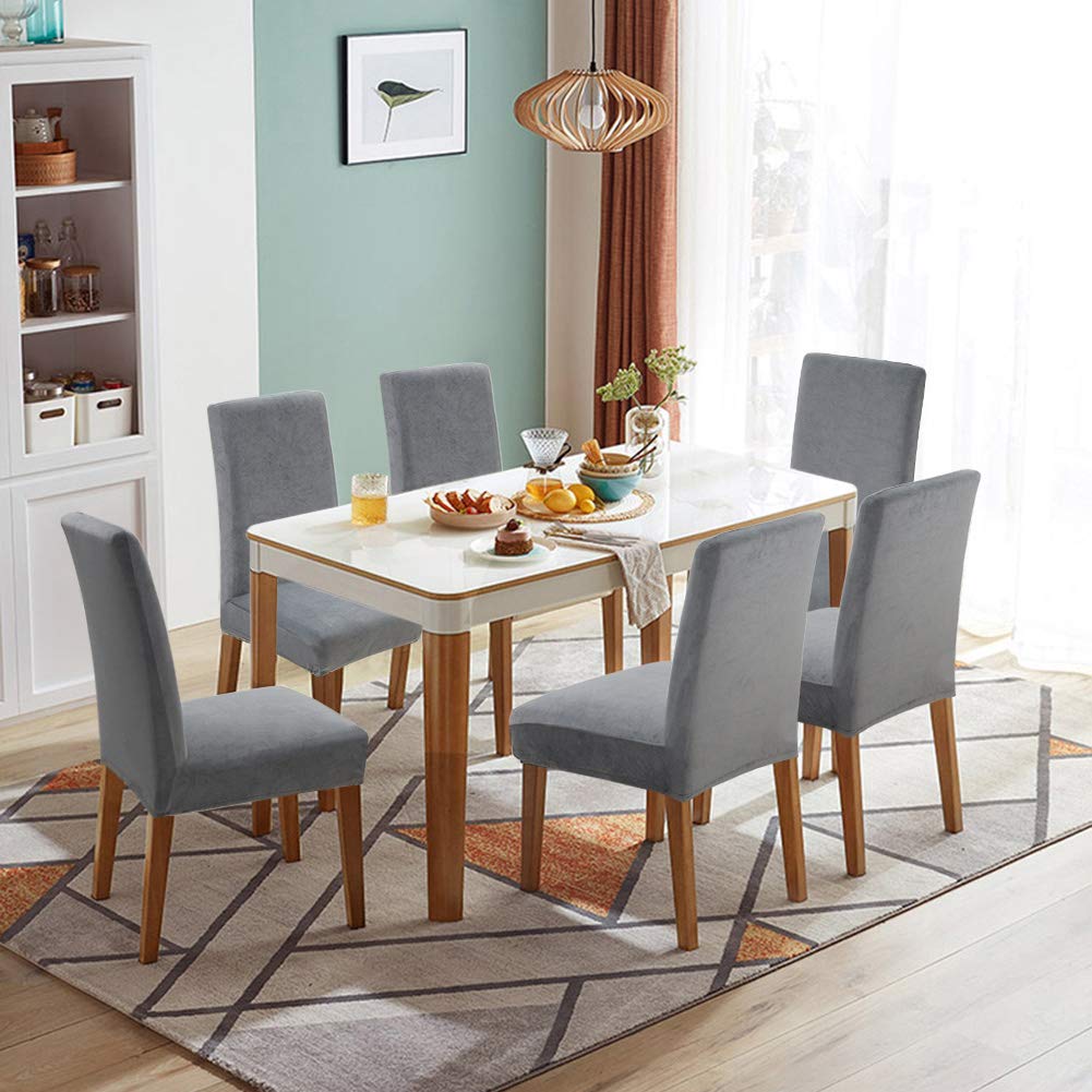 Fuloon Velvet Dining Chair Covers – Grey Stretch Slipcovers, Set of 6