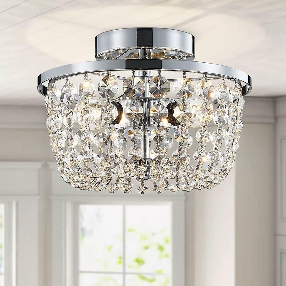 WUZUPS Modern Crystal Chandelier – Chrome Semi-Flushmount Ceiling Light