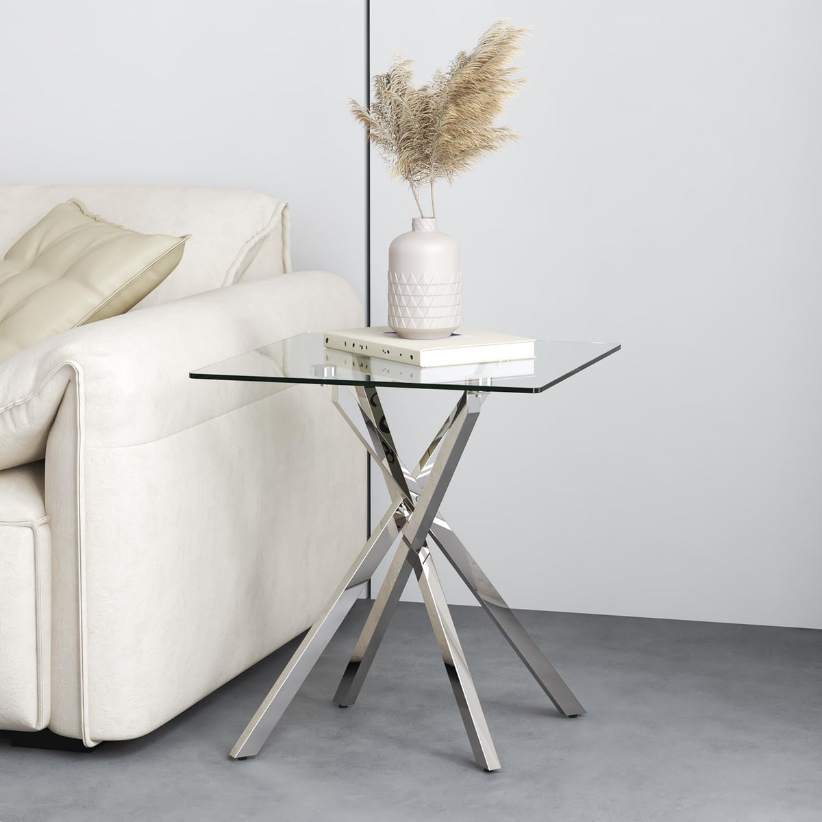 GOLDFAN Small Glass End Table with Chrome Legs for Living Room Square Side Table Modern Contemporary Nightstand for Bedroom Glass&Chrome Legs - image 1