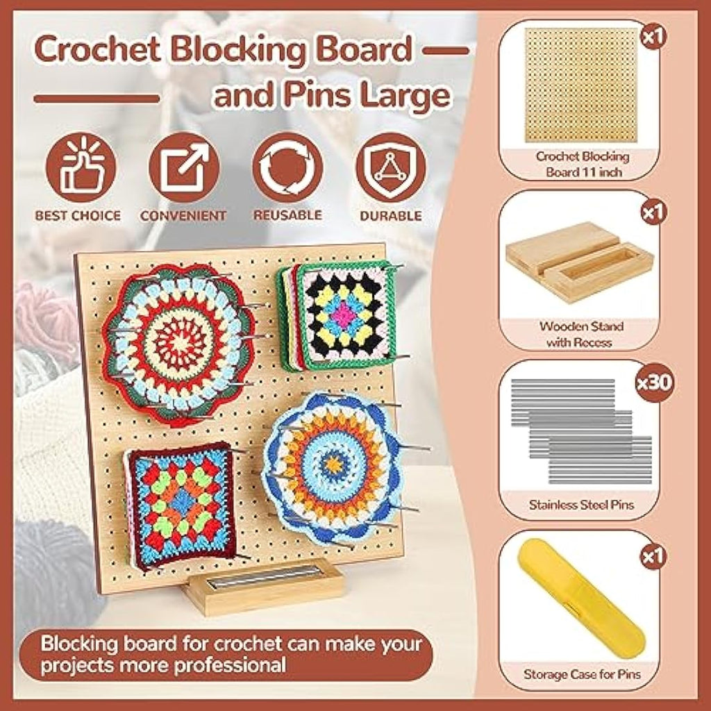 Aeelike 11" Bamboo Crochet Blocking Board with Pins for Granny Squares