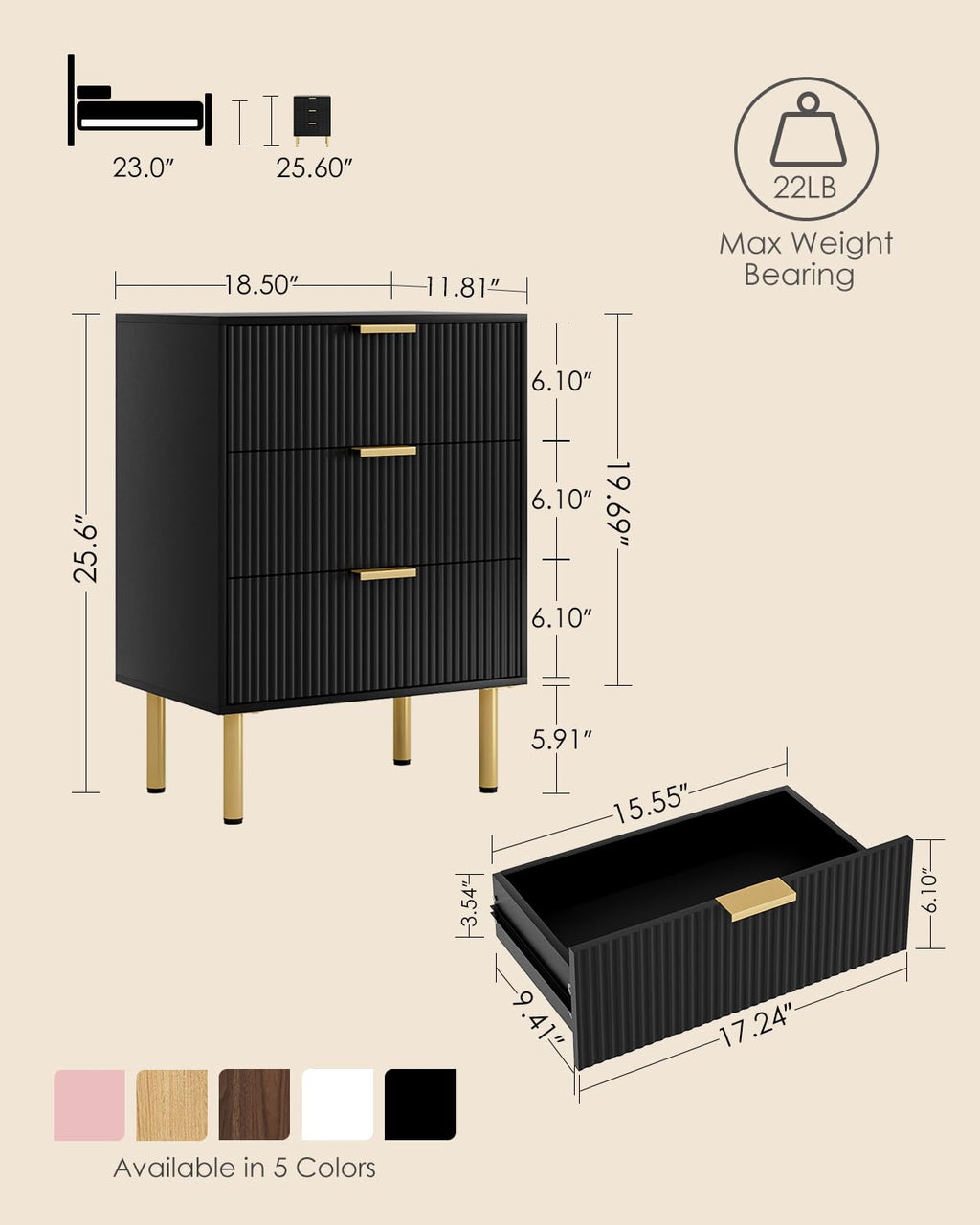 Apetaccat Bedside Table with 3 Drawers, Modern Bedside Cabniet with Metal Legs, Fluted Nightstand, Side Table for Bedroom, Living Room, Office - image 2
