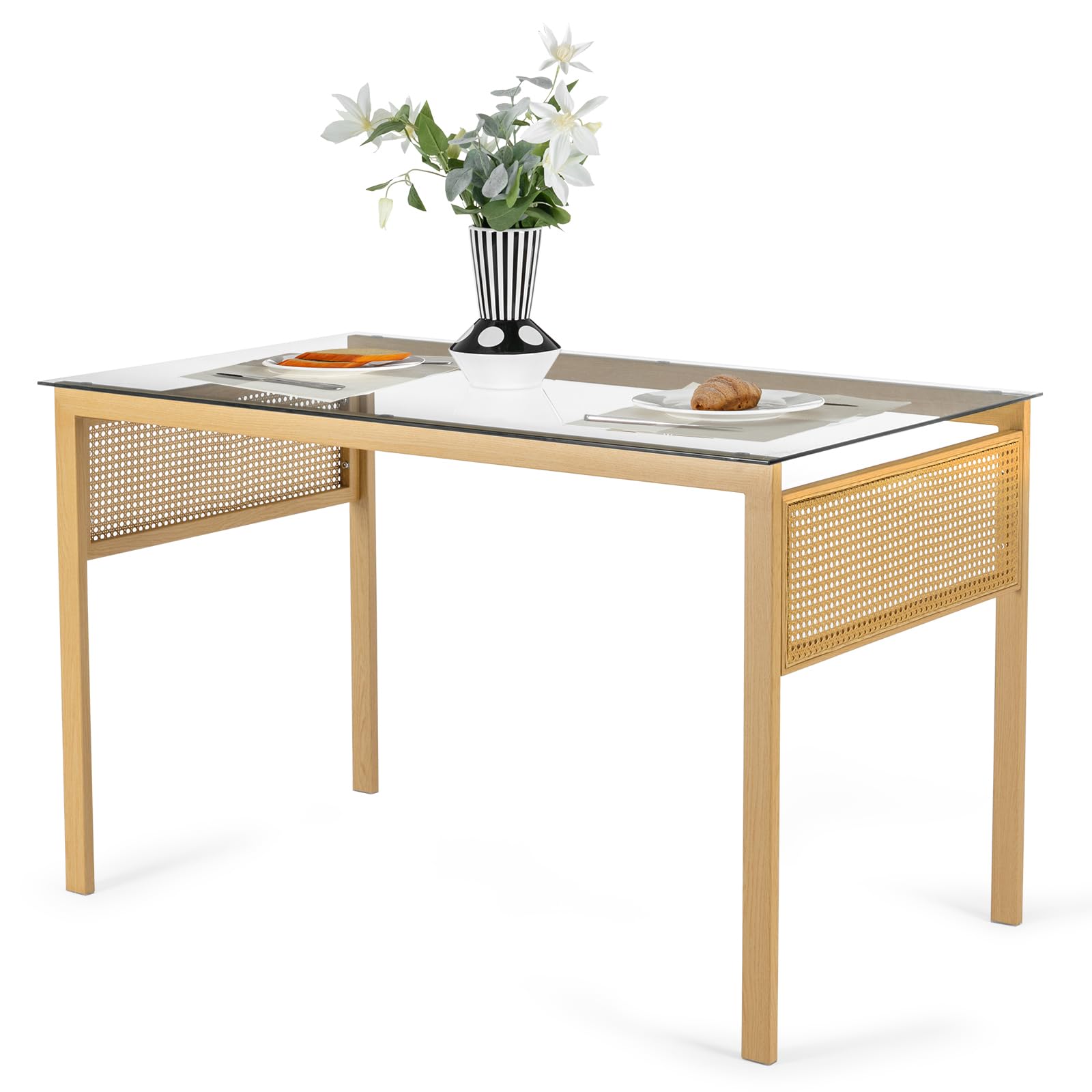 Artist Hand Boho Dining Table – 120cm Glass & Rattan 4-6 Seater