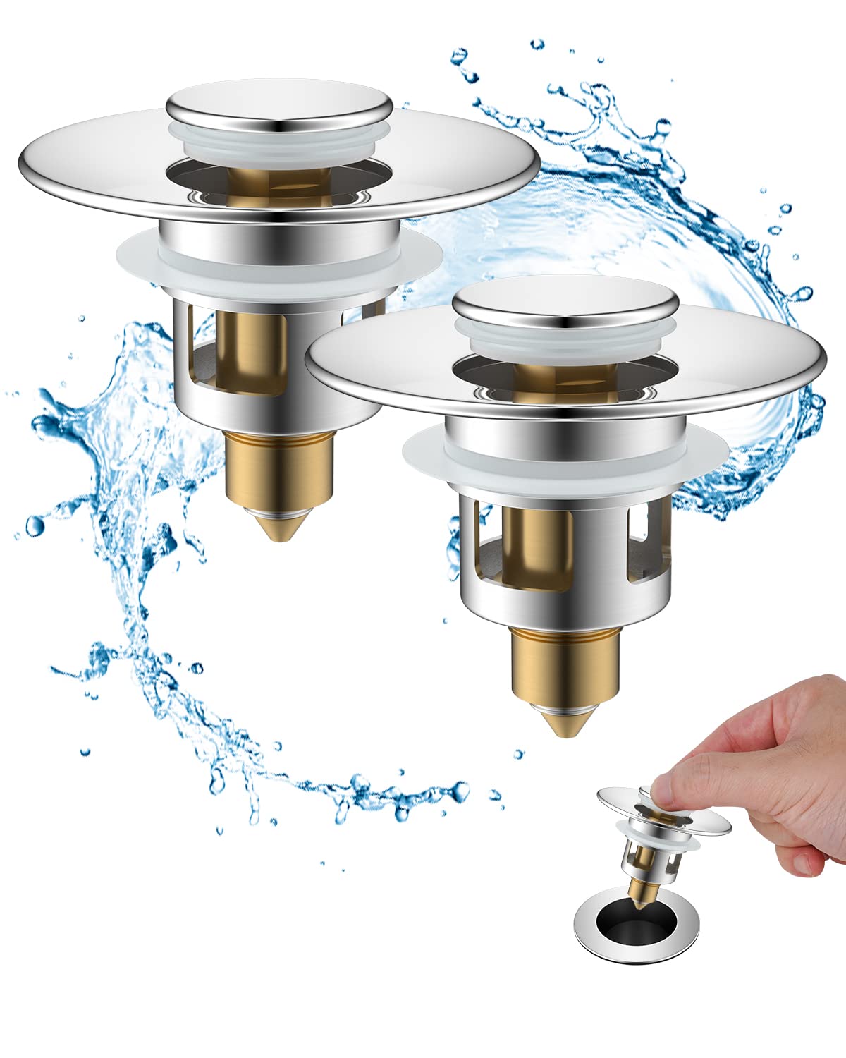 Hibbent 2PCS Universal Pop Up Sink Plug | Brass Drain Stopper with Strainer