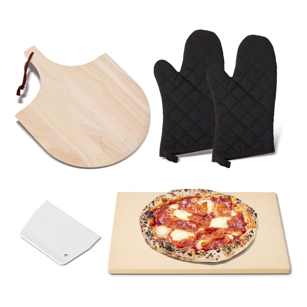ROCKSHEAT Cordierite Pizza Stone Set with Wooden Peel & Oven Mitts