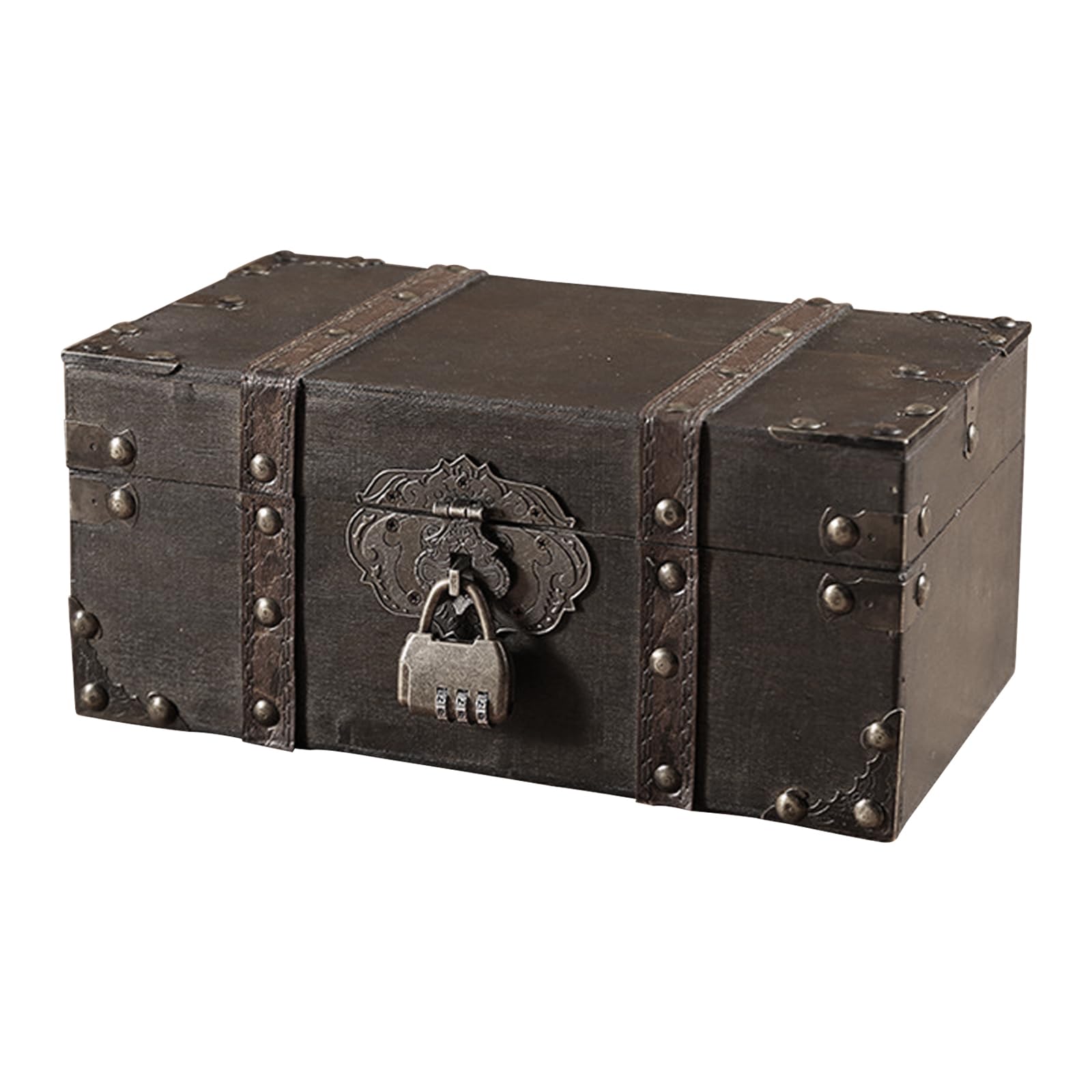 QINGYIWL Vintage Wooden Treasure Chest with Lock – 26cm Jewelry Storage