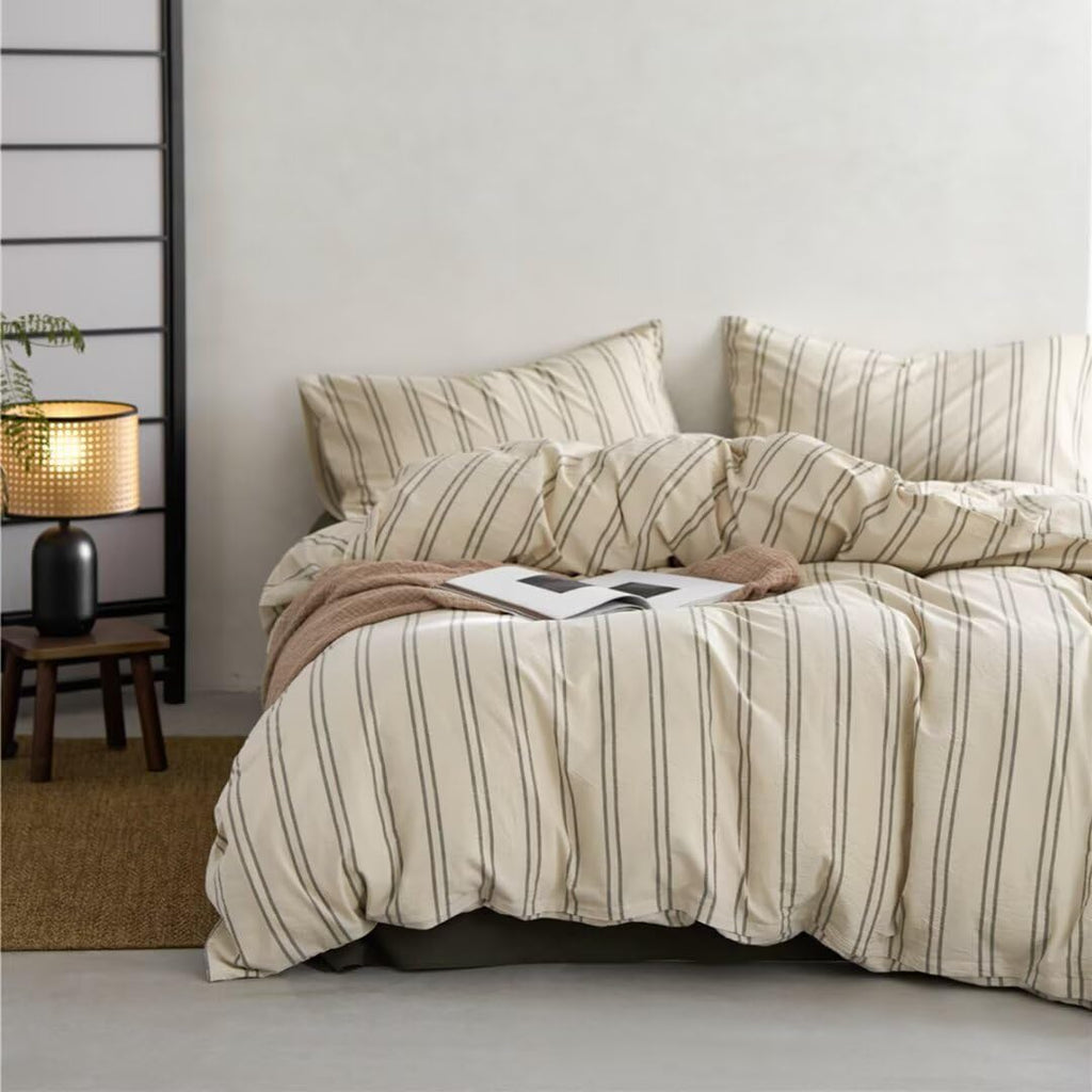 Ruccit Washed Cotton Duvet Cover Set – Beige & Green Striped Double Bedding