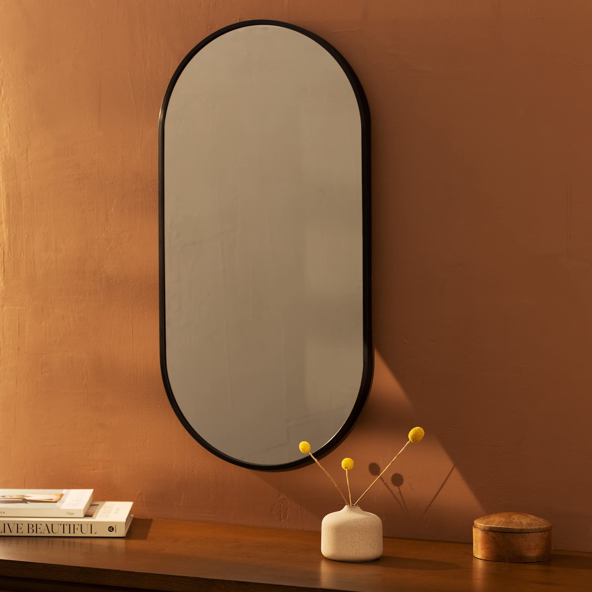 Navaris Oval Wall Mirror – Black Rustproof Aluminium Frame – 75x38cm