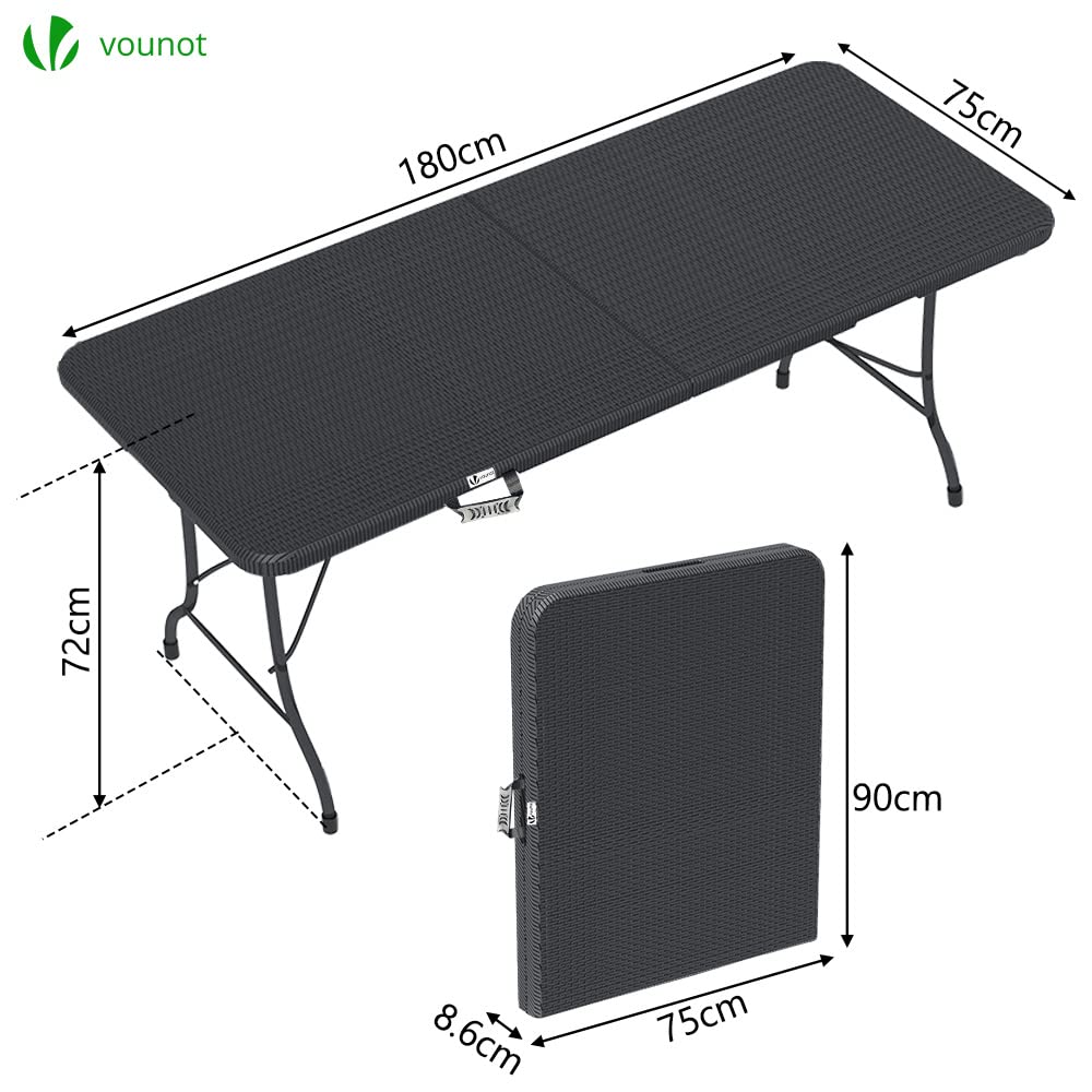 VOUNOT Folding Picnic Table – 180cm Rattan Look Portable Trestle Table