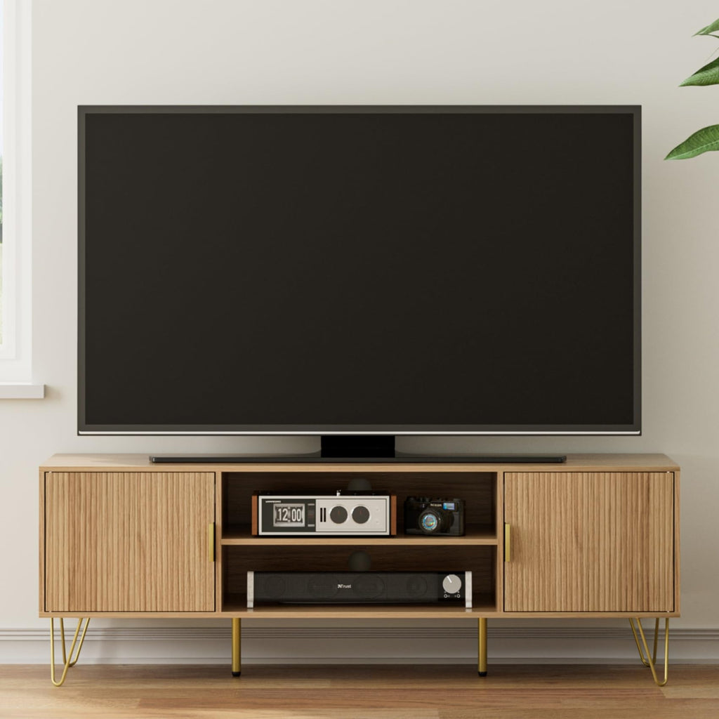 HEYZOEY Oak Fluted TV Stand, 2 Cabinets, Gold Legs, for TVs up to 65 in - image 1