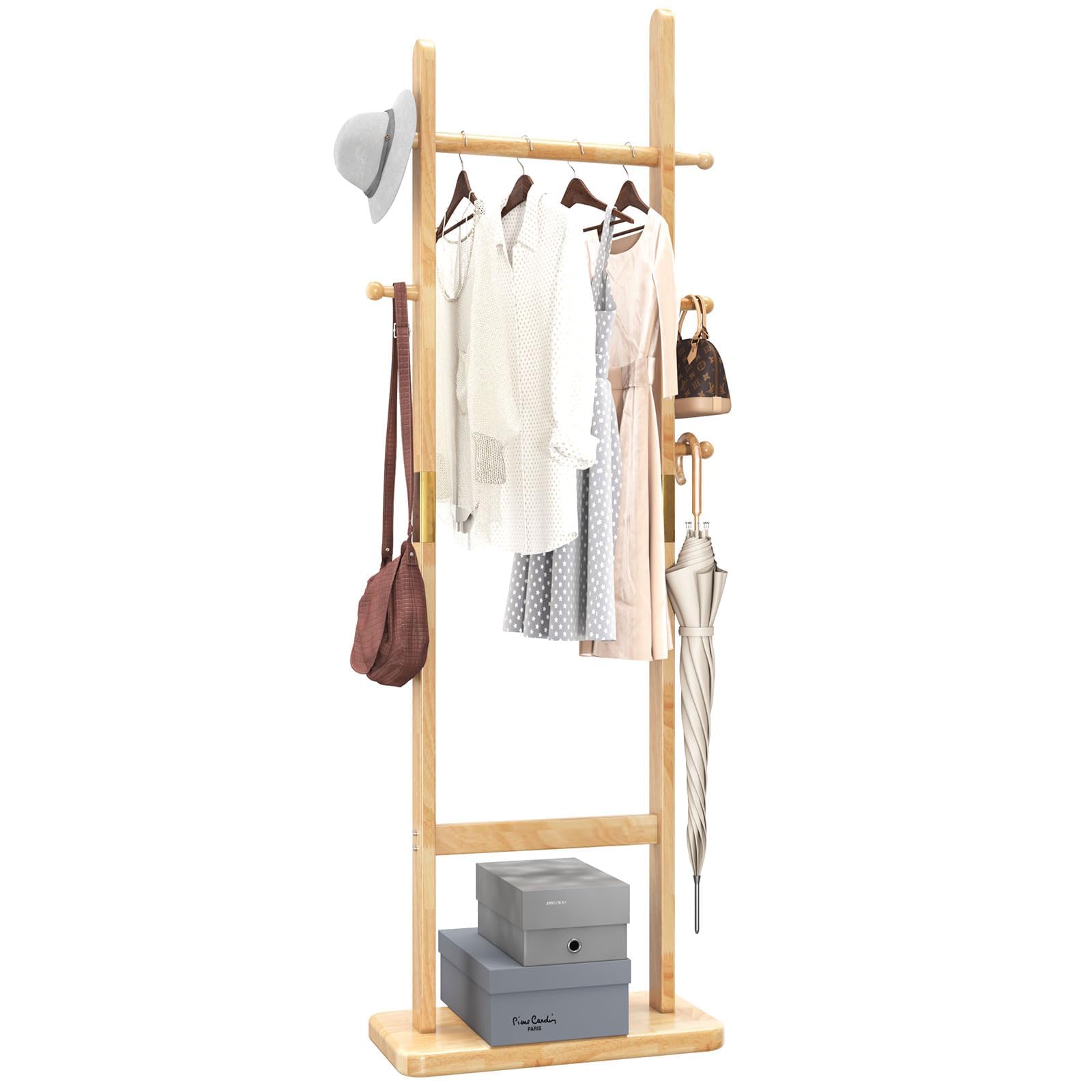 Aibiju 180cm Wooden Free Standing Coat Rack with 5 Hooks - Natural Wood