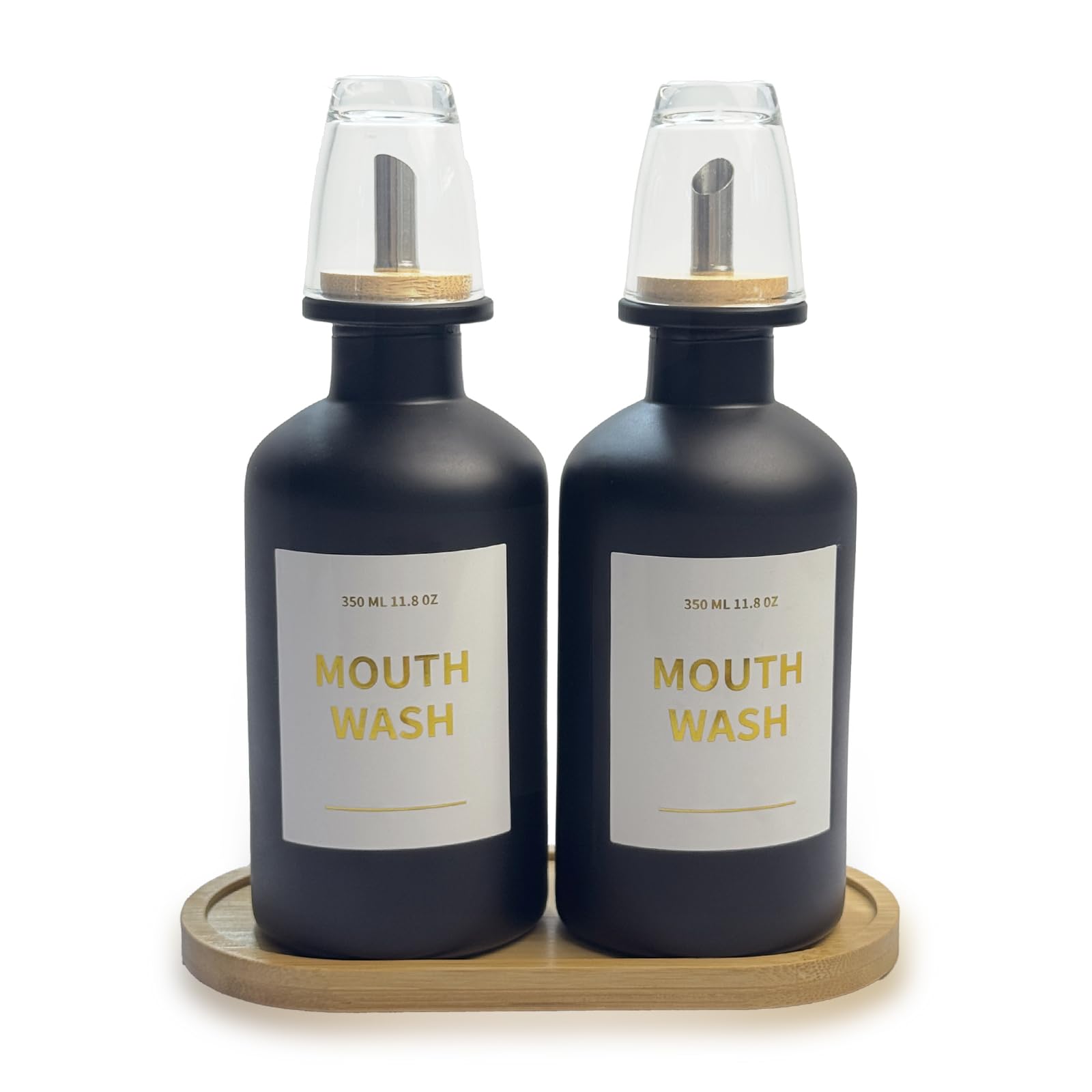 Jolof Store Glass Mouthwash Dispenser Set with Bamboo Tray - 11.8 oz