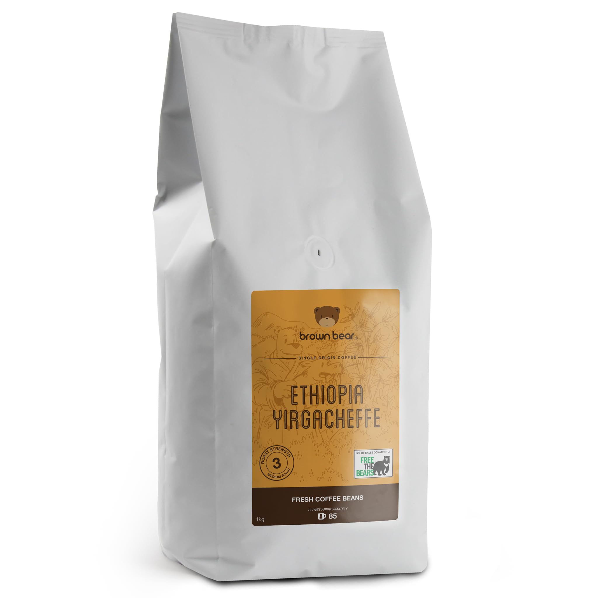 Brown Bear Ethiopia Yirgacheffe Coffee Beans – 1kg Medium Roast Arabica