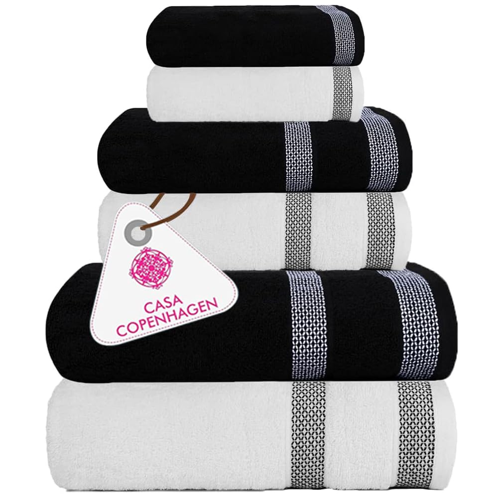 CASA COPENHAGEN 6-Piece Egyptian Cotton Towel Set | 600GSM White & Black